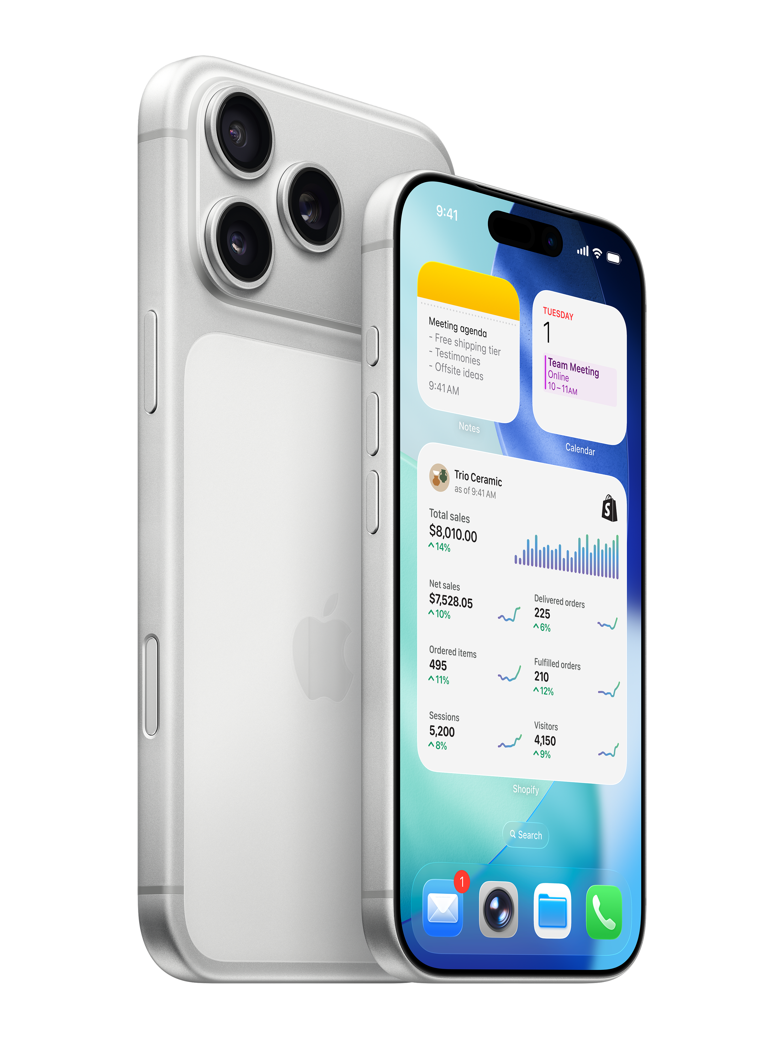 A silver iPhone showing a home screen with notifications, calendar, and sales analytics app, with a triple-lens camera on the back.