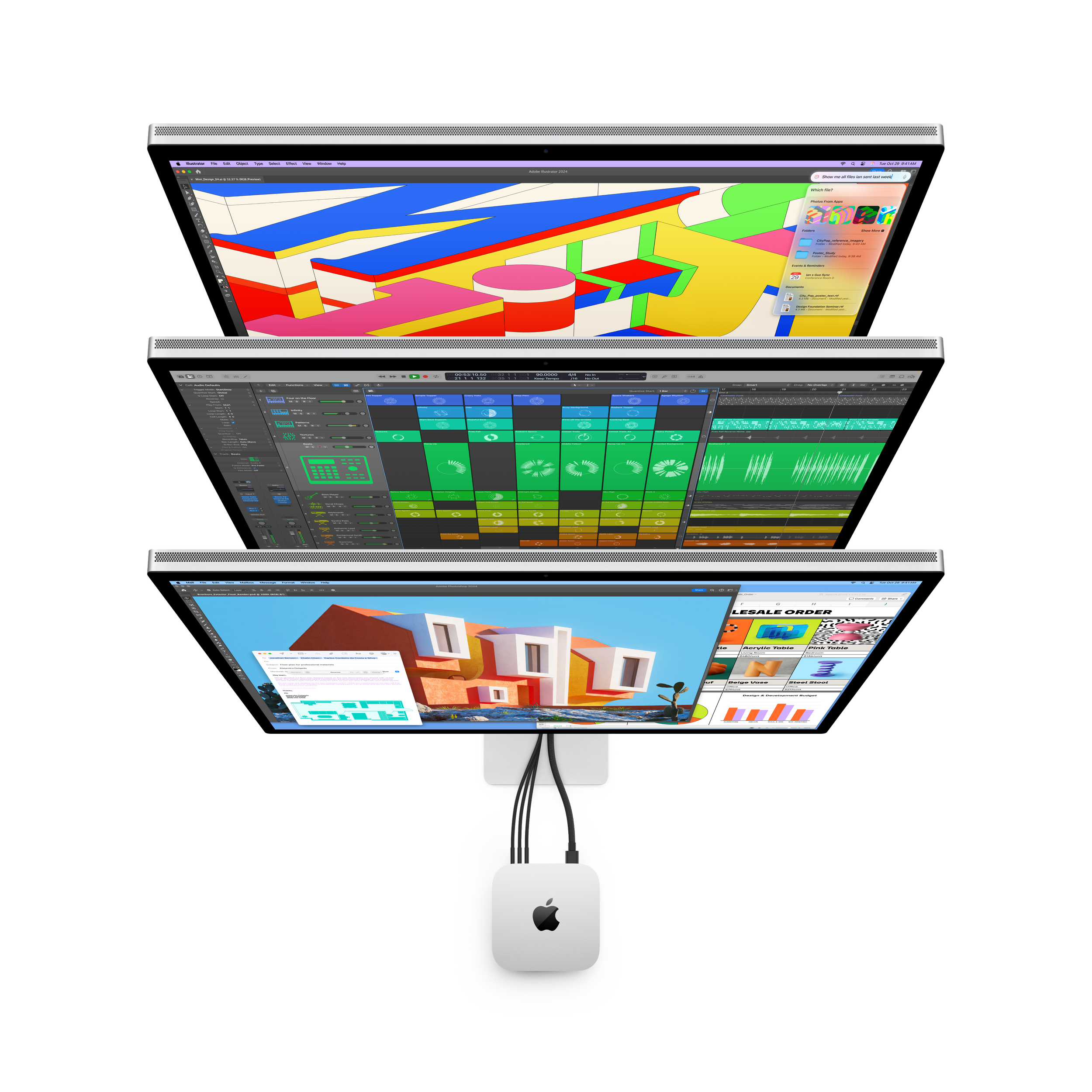 Three Apple computer monitors stacked vertically, connected to a Mac mini, displaying digital art, music production, and a website with a modern house image.