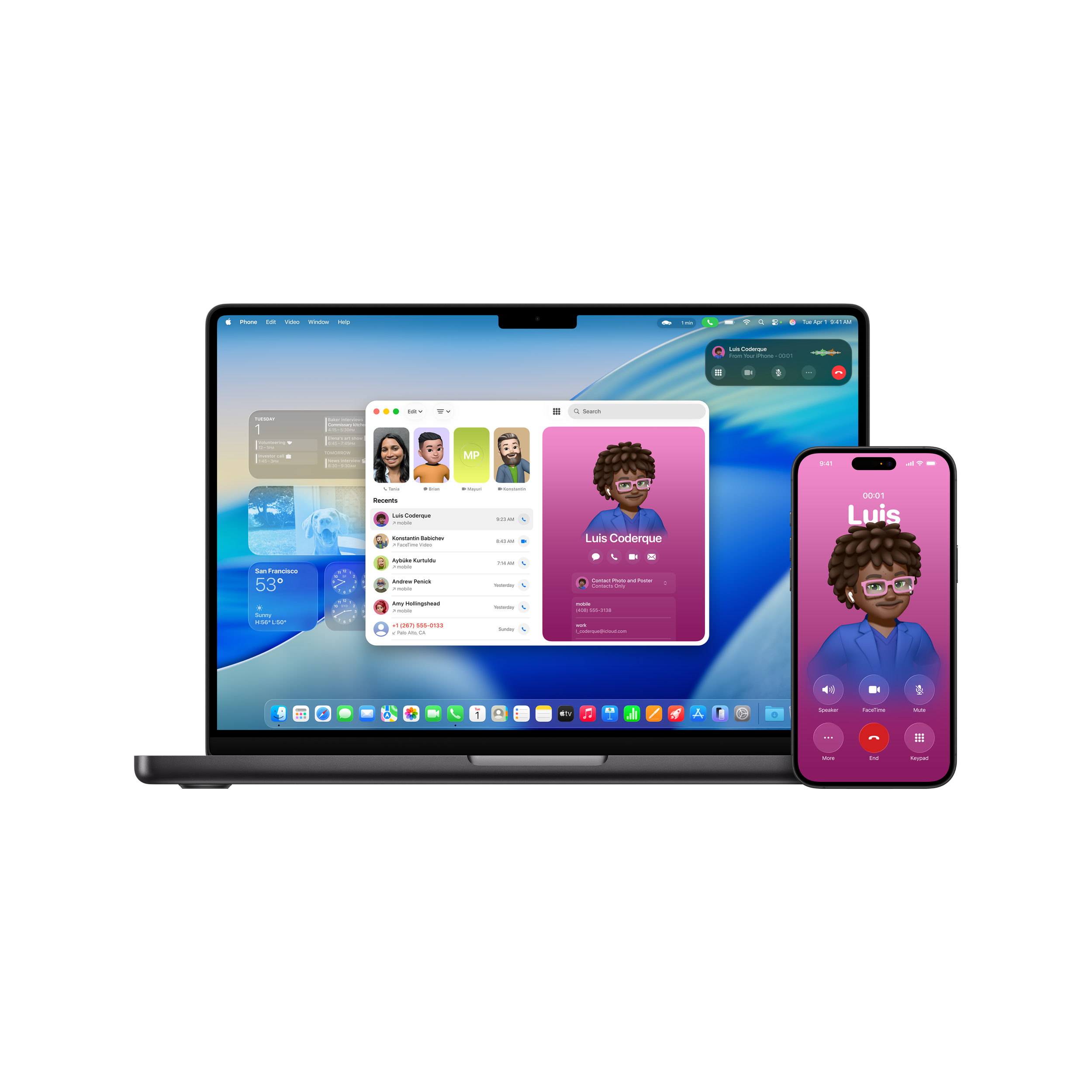 A digital tablet screen showing a messaging app conversation with contacts, a weather widget, and a cartoon avatar of a man with glasses and curly hair.