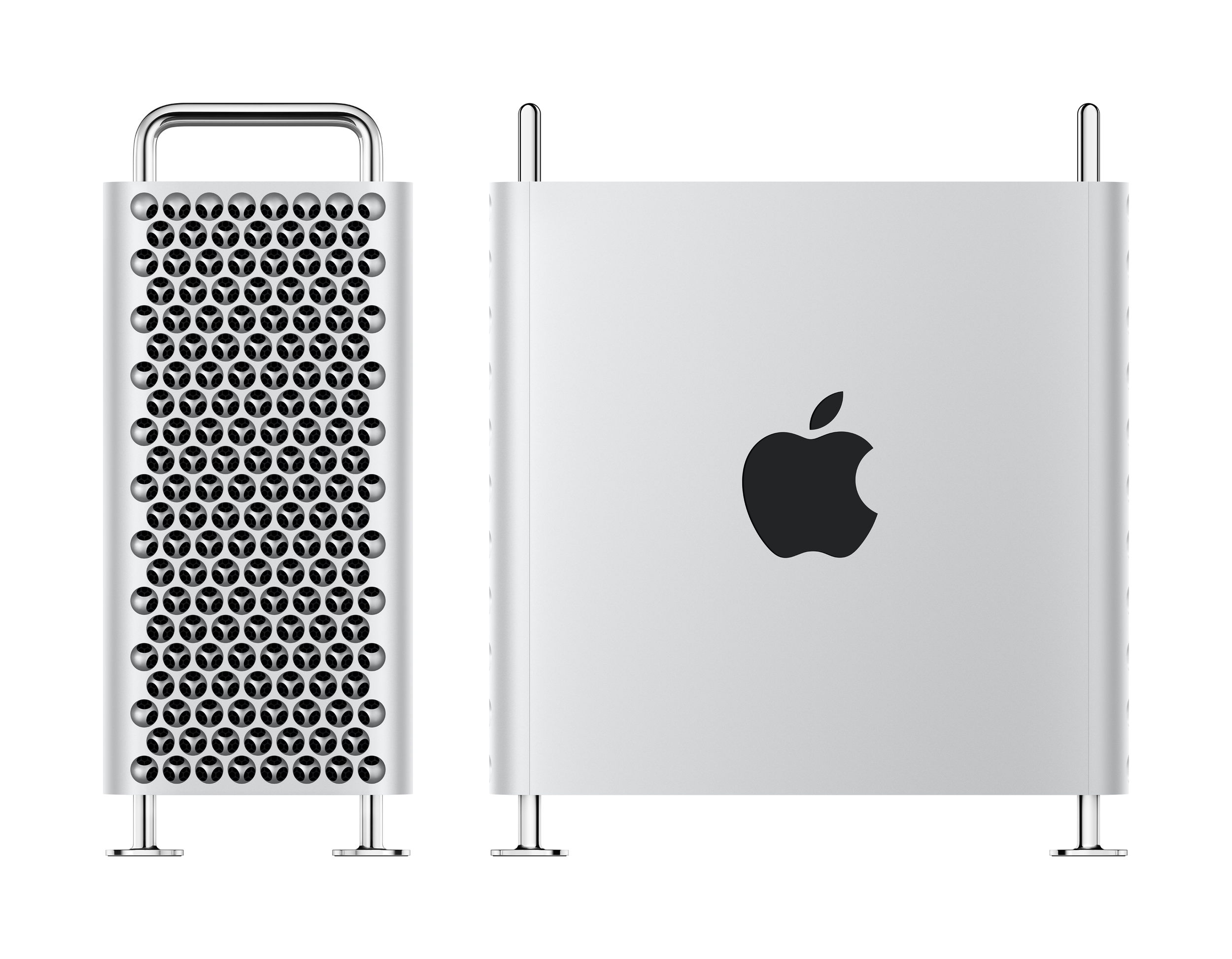 A silver Apple Mac Pro computer with a perforated front and the Apple logo on the side.
