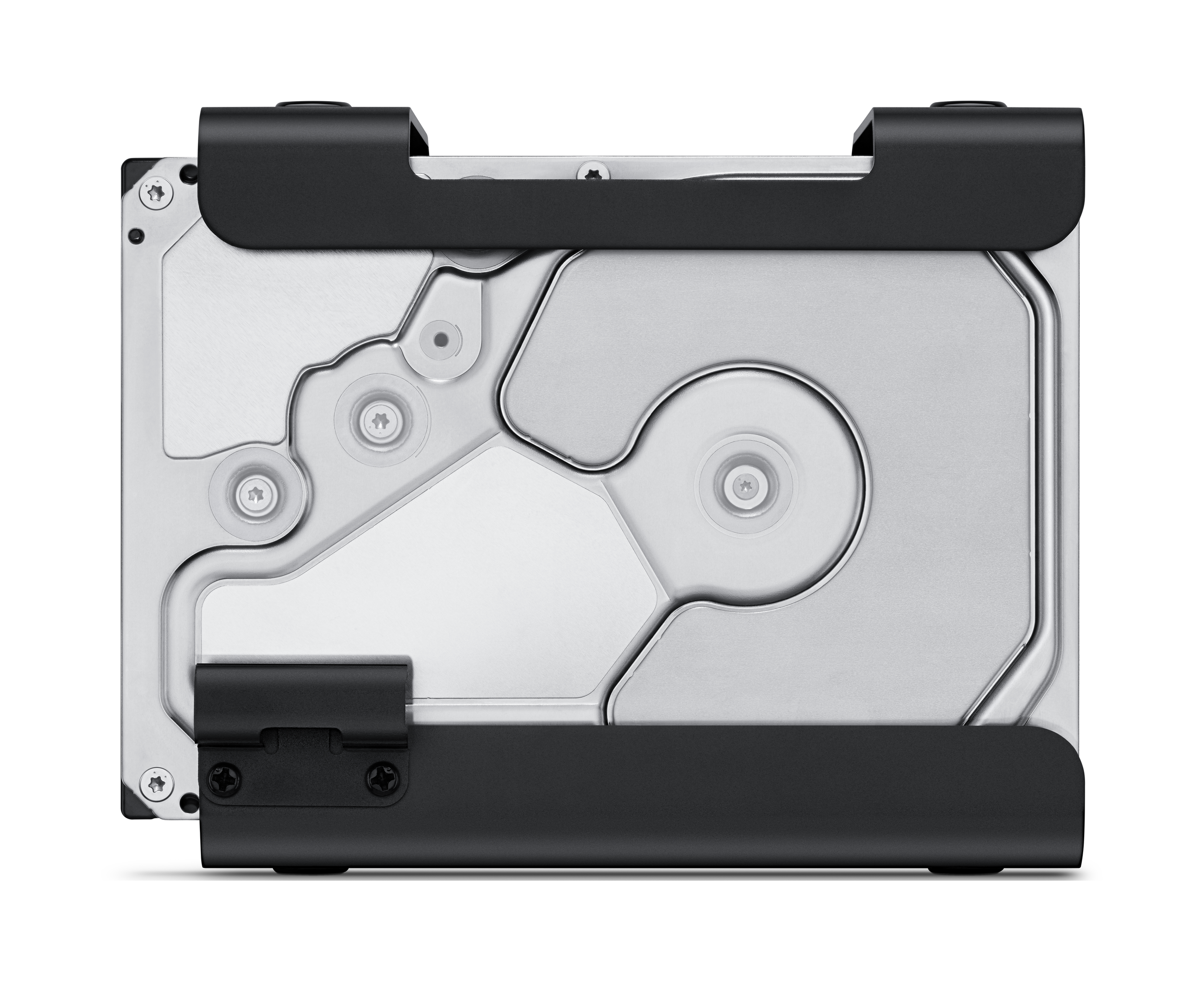Silver and black computer hard drive with visible internal components.