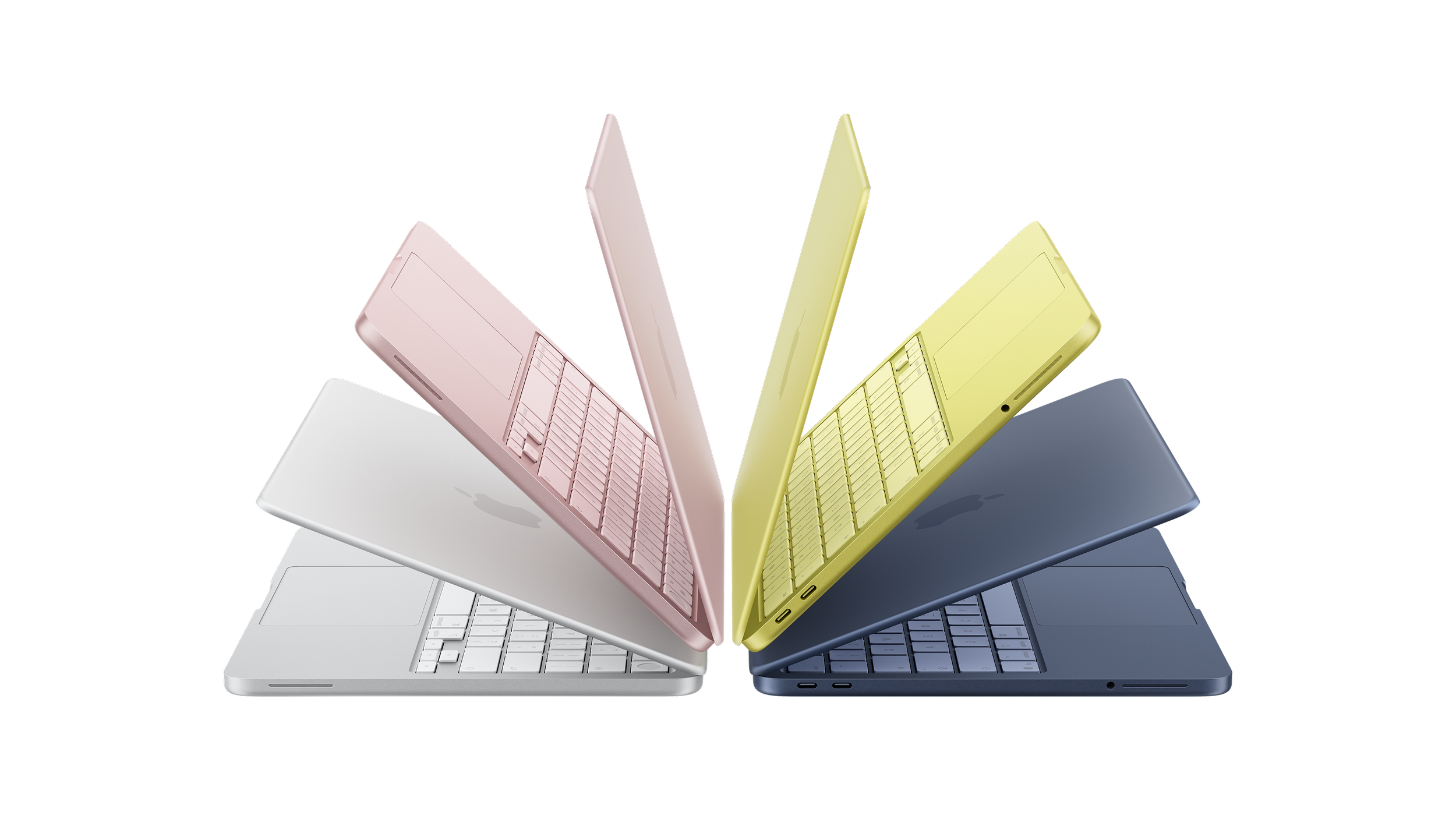 Six Apple MacBook laptops in white, pink, yellow, and blue, arranged in a semi-circle against a black background.