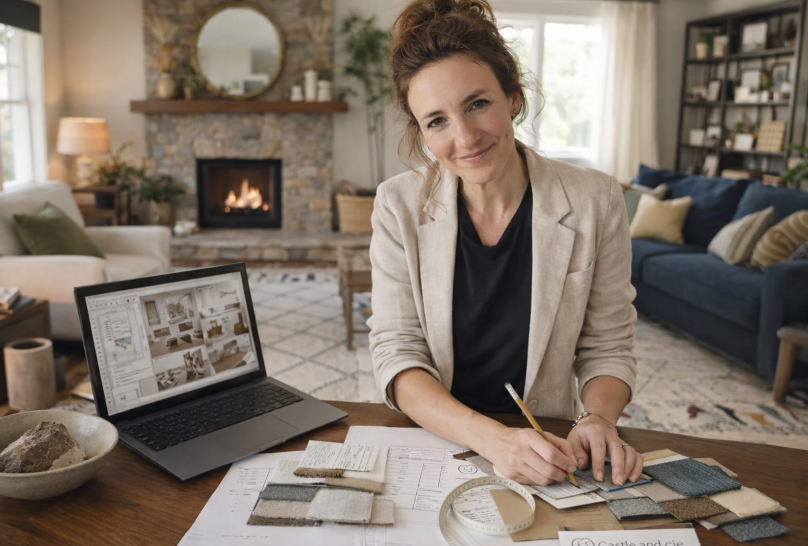 Woman in beige blazer drawing fabric swatches at a desk with a laptop in a cozy living room