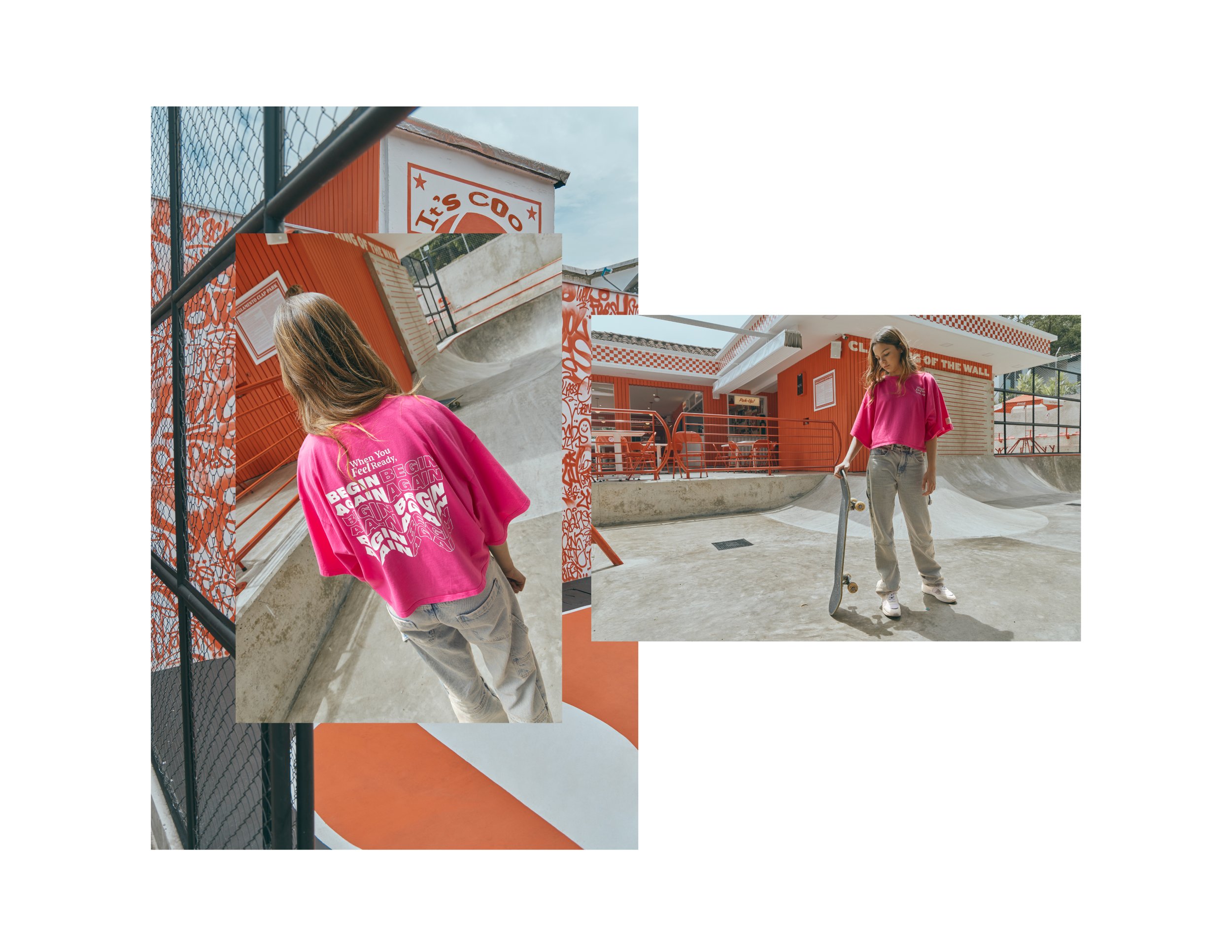 Oversized pink graphic T-shirt featuring bold layered typography on the back, combining stacked lettering and subtle distorted text effects in a relaxed, contemporary teen streetwear silhouette.
