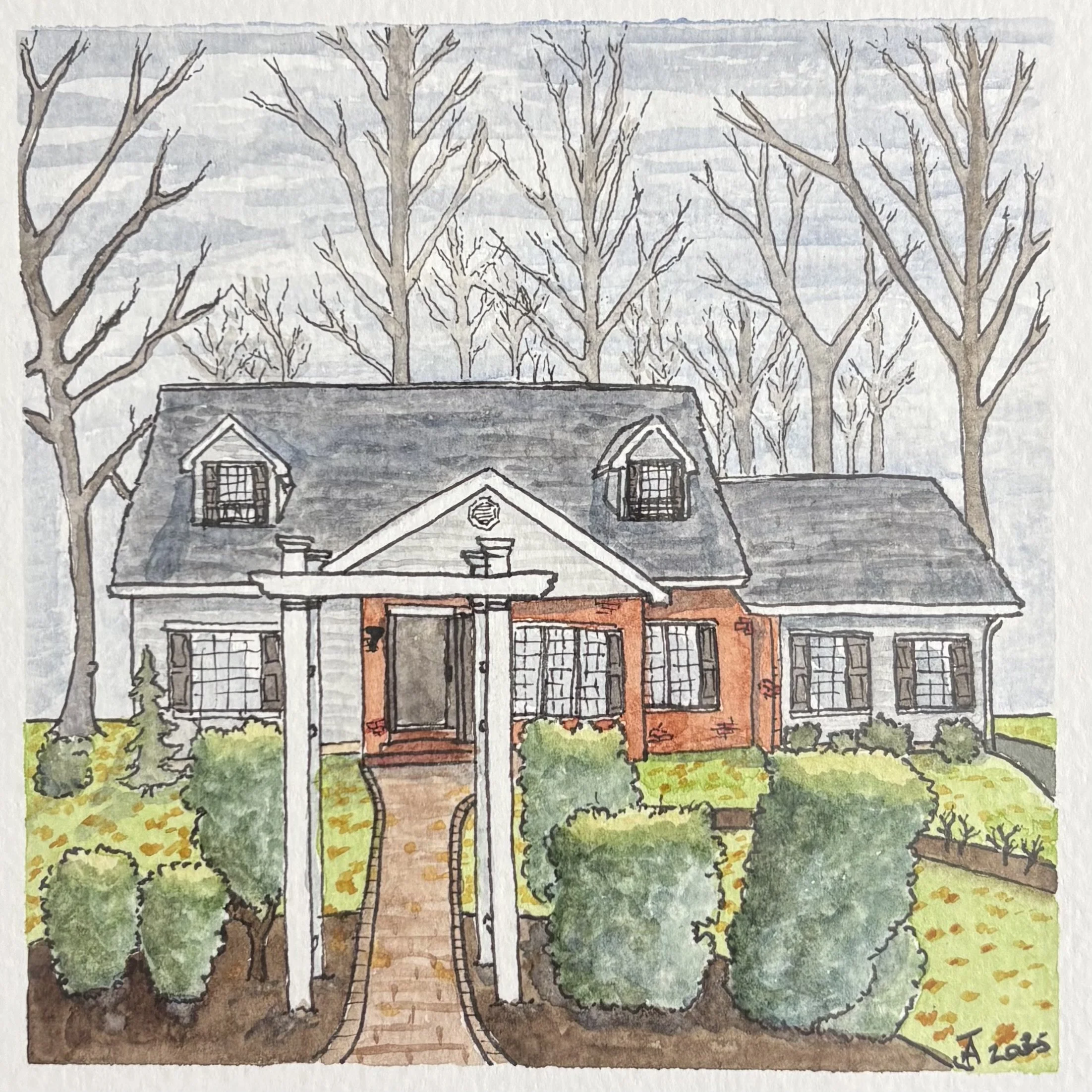 Watercolor illustration of a house with a gray roof, brick walls, and a front porch, surrounded by trees and bushes in fall.