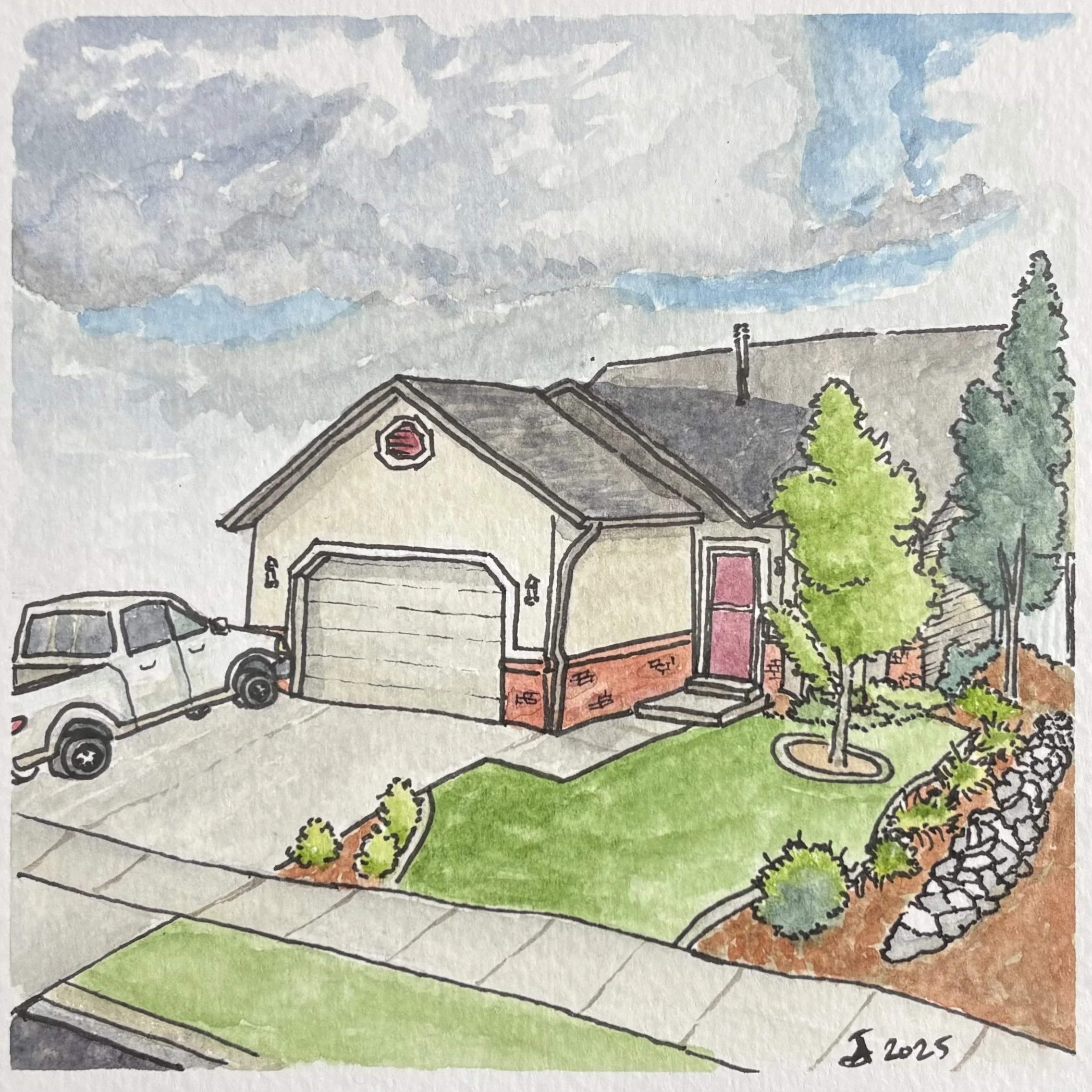 Watercolor painting of a suburban house with a garage, a black pickup truck, a green lawn, trees, and a landscaped garden with rocks and bushes under a cloudy sky.