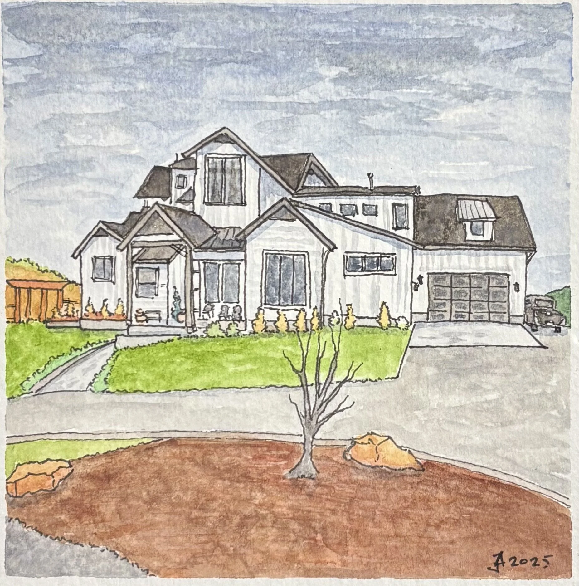 Watercolor painting of a modern house with a front yard, driveway, and garage. The house is white with black roof accents, and there is a leafless tree in the yard, with some rocks and dirt in the foreground. The sky is partly cloudy.