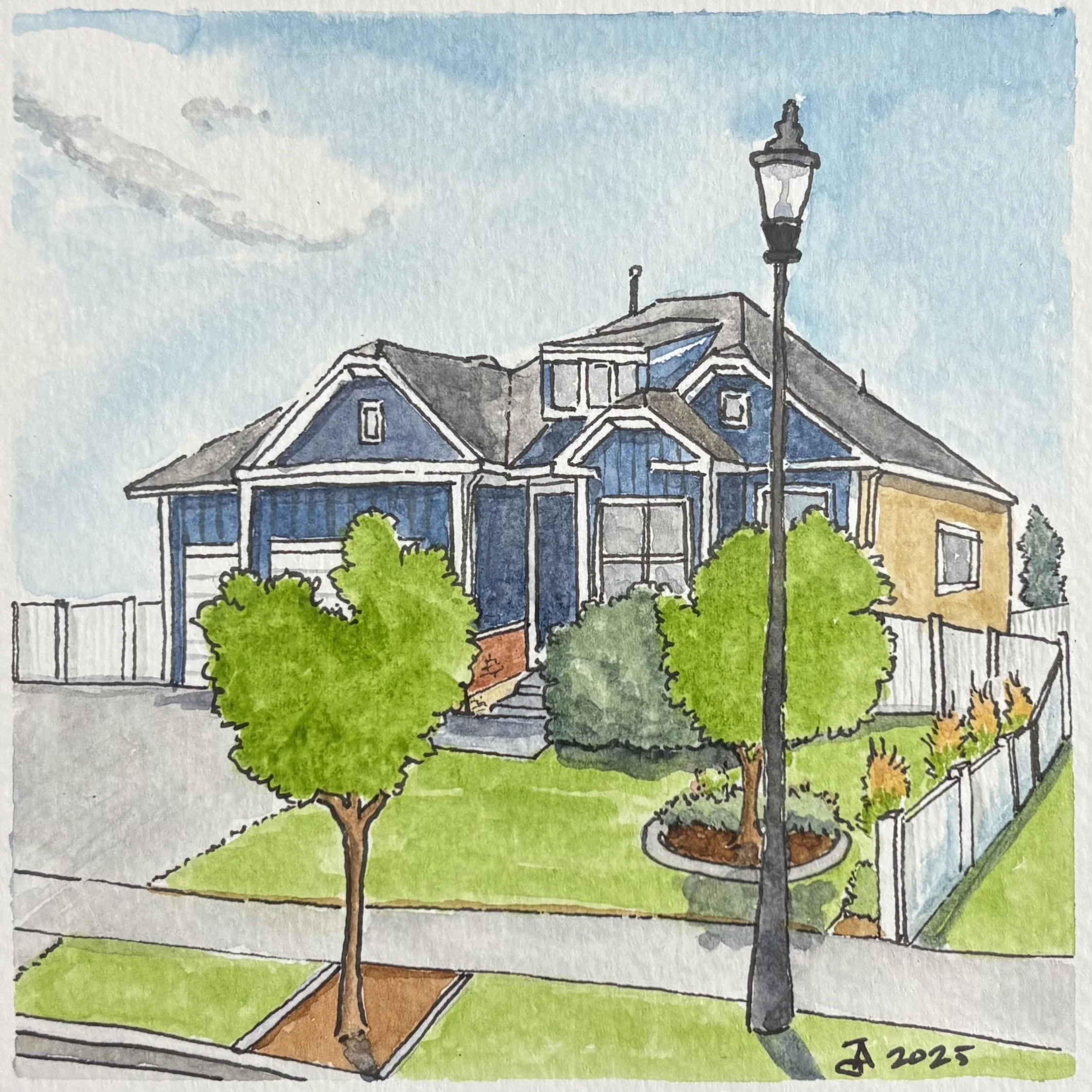 Colorful watercolor painting of a suburban house with a blue exterior, white trim, and a yellow section, surrounded by green trees, a sidewalk, and a streetlamp, under a partly cloudy sky.