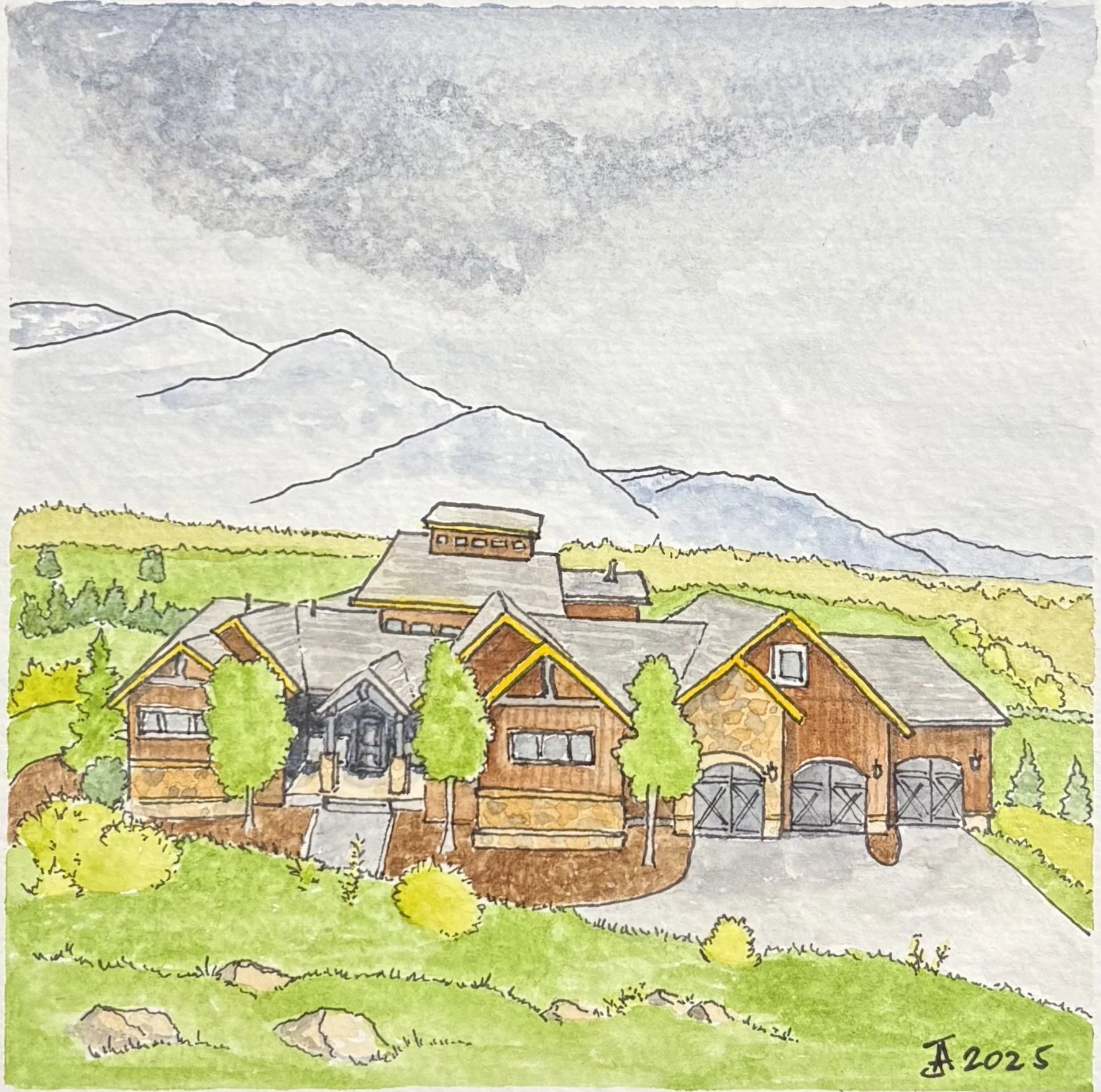 Watercolor painting of a large house with multiple gabled roofs, surrounded by green trees and bushes, with mountains in the background and gray sky.