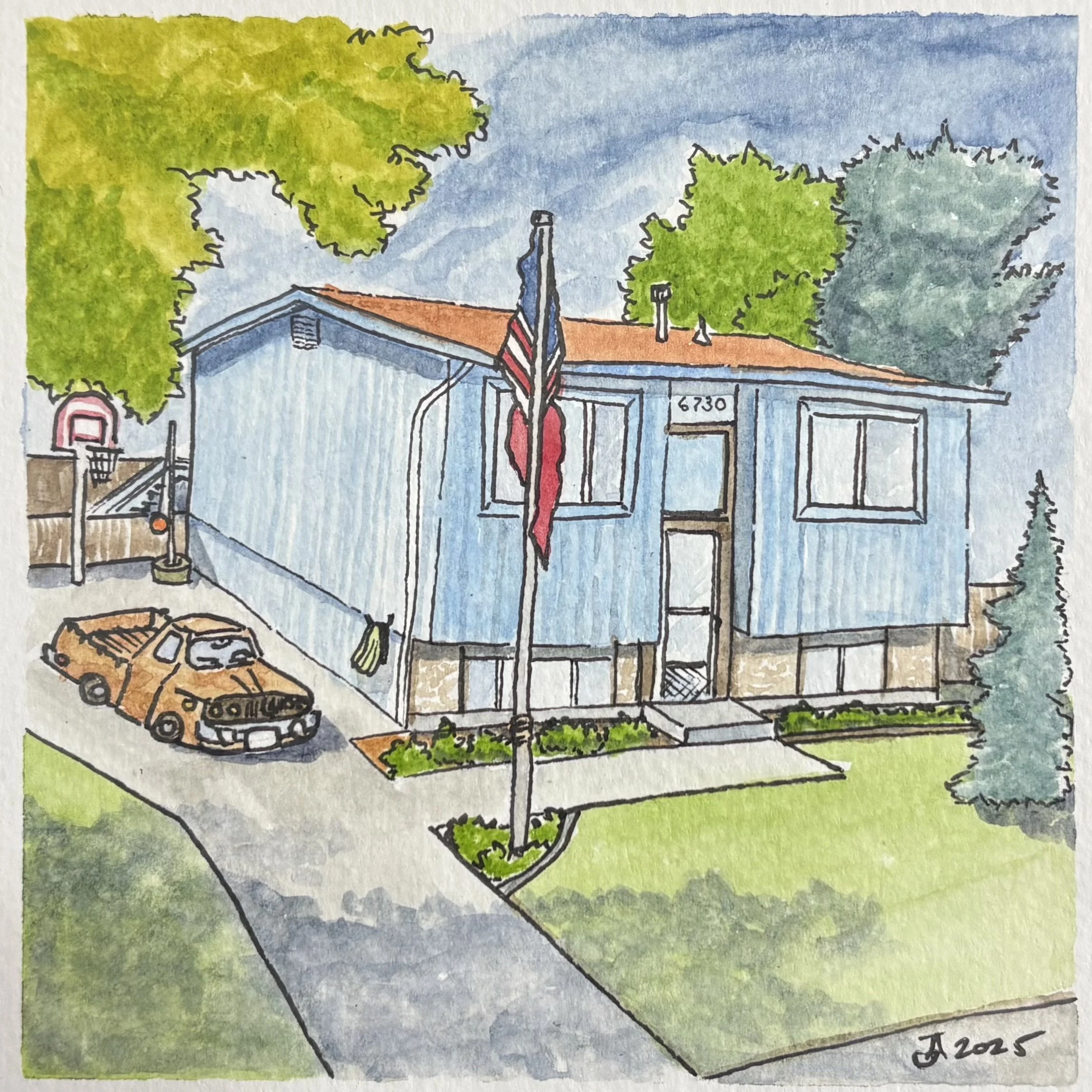 Watercolor illustration of a blue house, a front porch, surrounded by green grass and trees, with an American flag on a flagpole in the front yard. A brown vintage car is parked in the driveway, and a small basketball hoop is visible near the house.