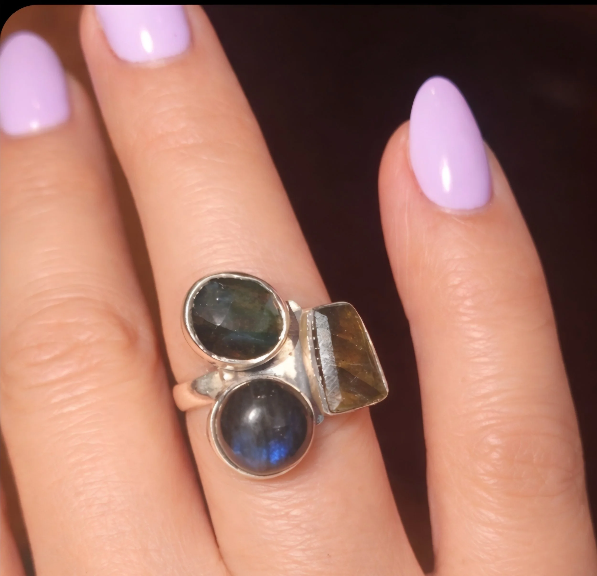 Genuine Three-Stone Labradorite Ring in Sterling Silver ✨