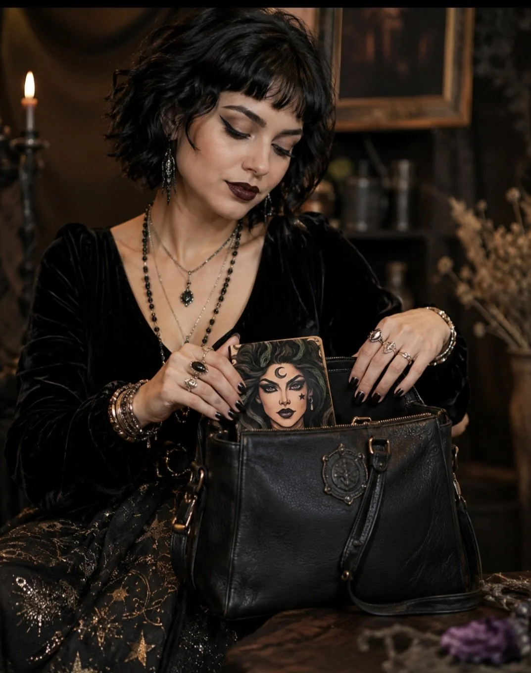 girl putting small lilith journal in purse.jpg