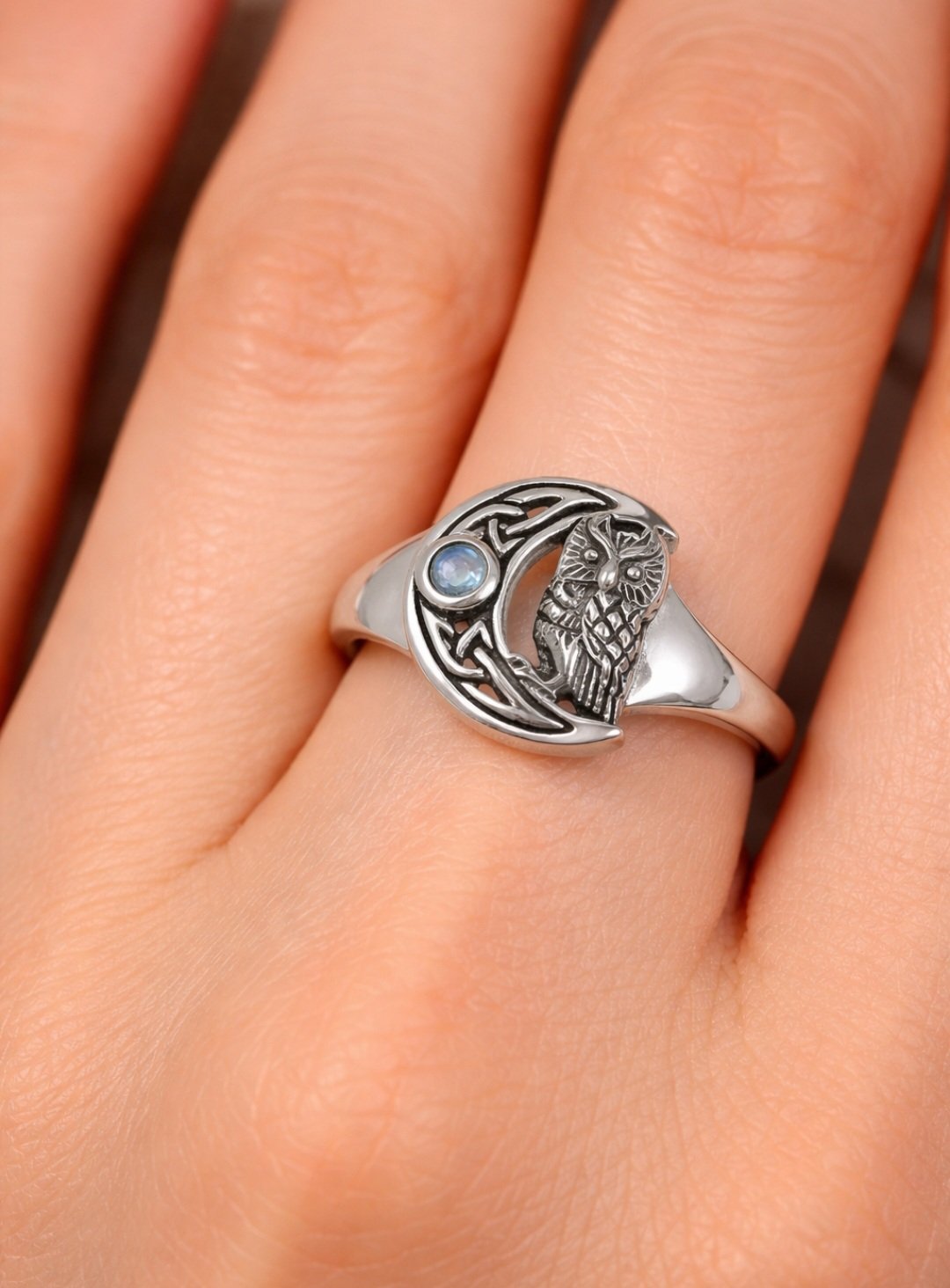 ✨ Celtic Owl Moon Ring – Sterling Silver ✨