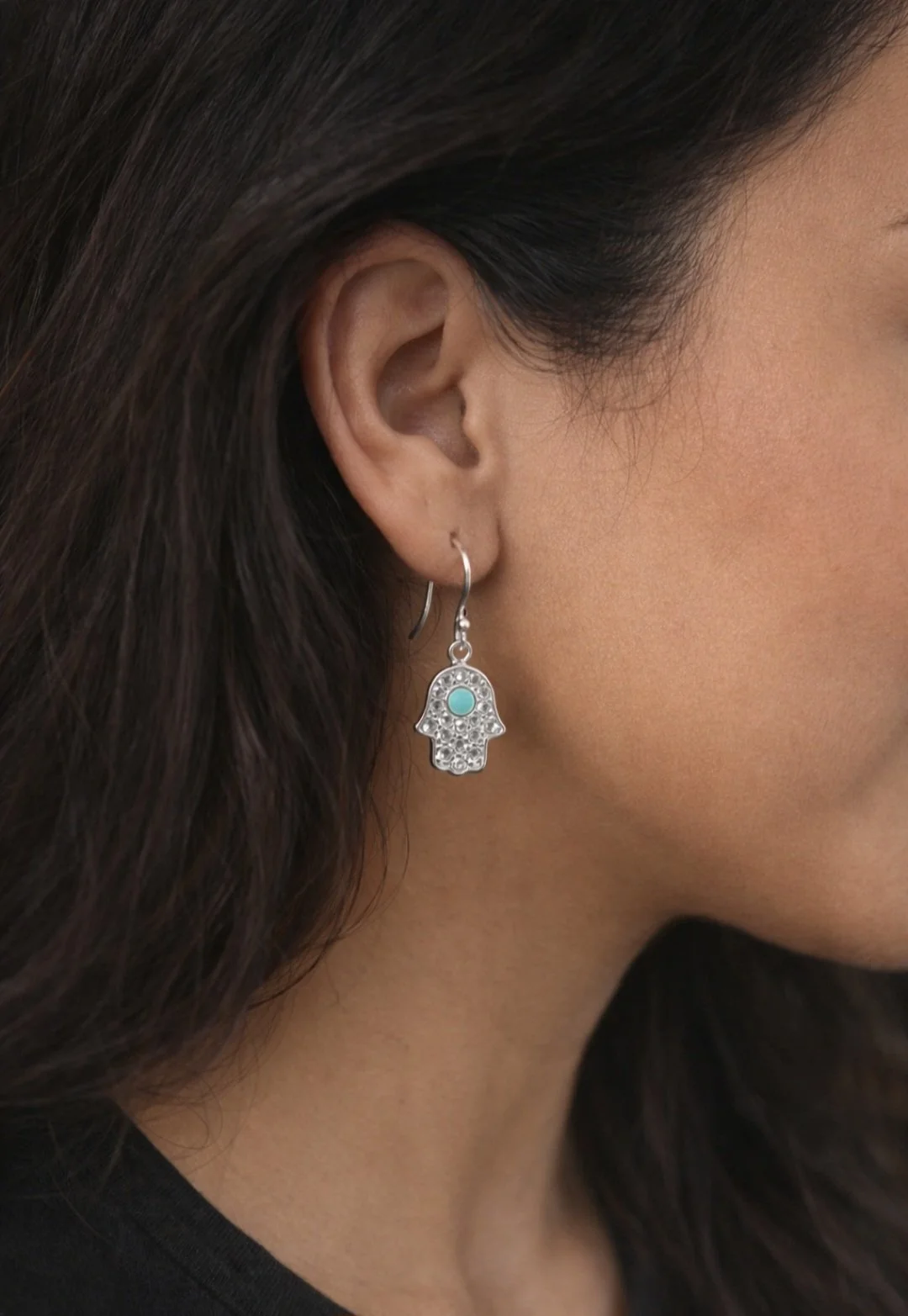 Sterling Silver Hamsa Earrings with Turquoise & Crystals ✨🩵