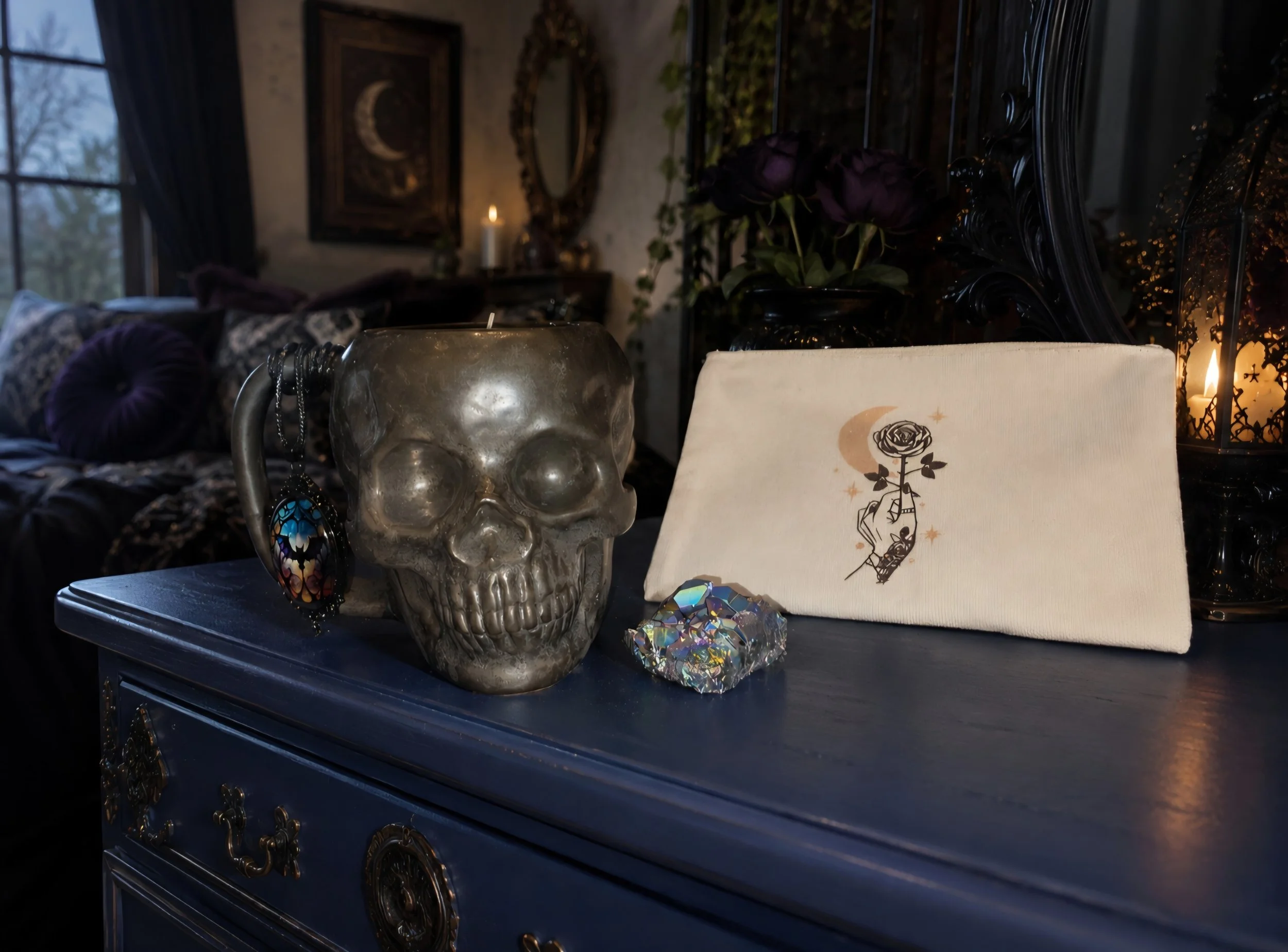 skull candle bat necklace on dresser.jpg