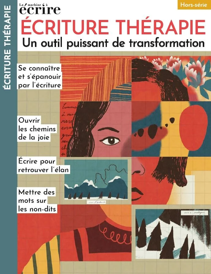 Couverture d'un livre intitulé "Écriture Thérapie" avec un gros titre en rouge et noir, illustré d'une peinture abstraite d'une femme avec diverses couleurs et formes, et plusieurs textes en français avec des motifs floraux et montagneux.
