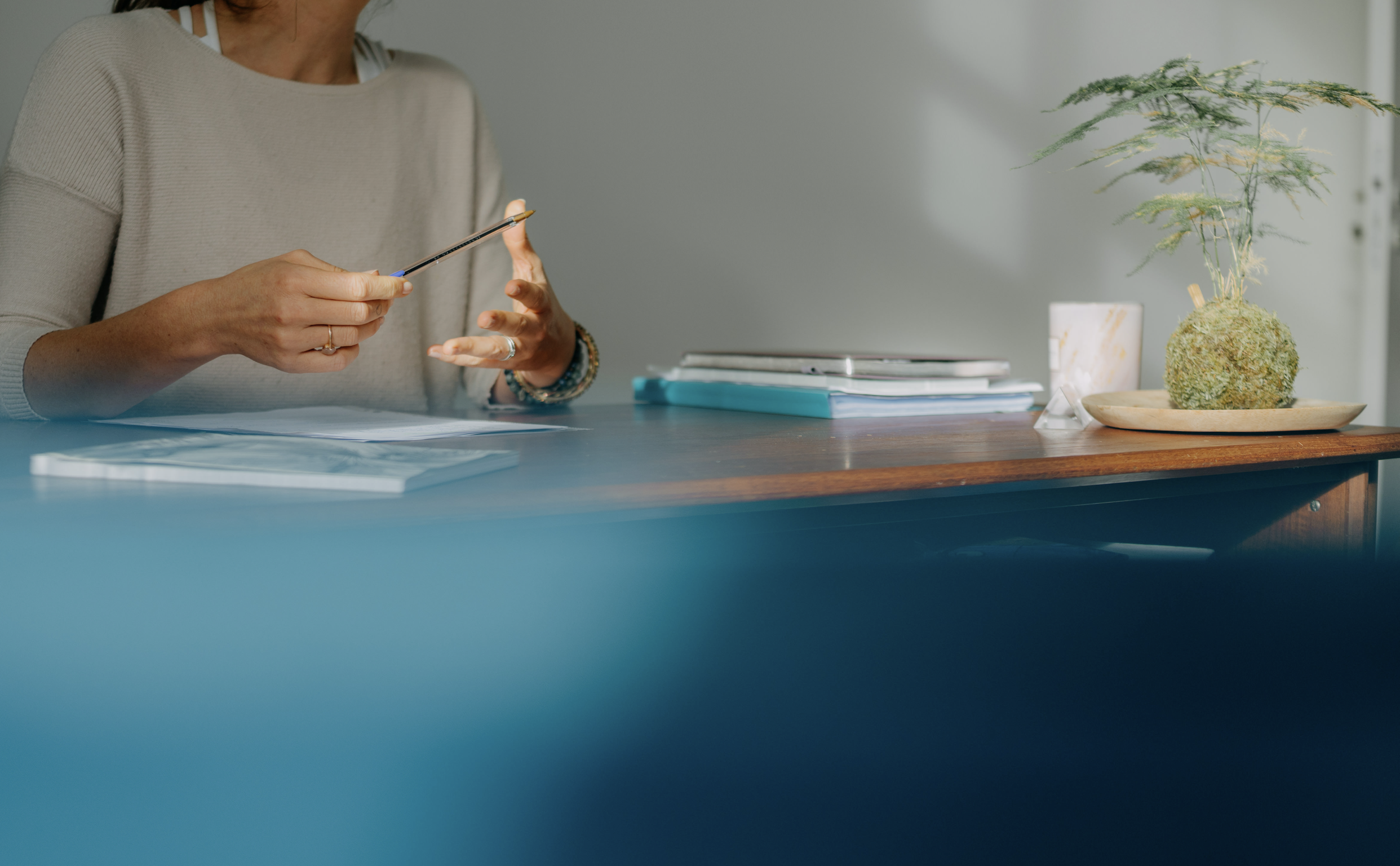 Julie Neveu assise à son bureau échangeant avec la personne face à elle, avec un stylo à la main, des dossiers et des livres empilés devant elle, et une plante décorative sur le bureau.