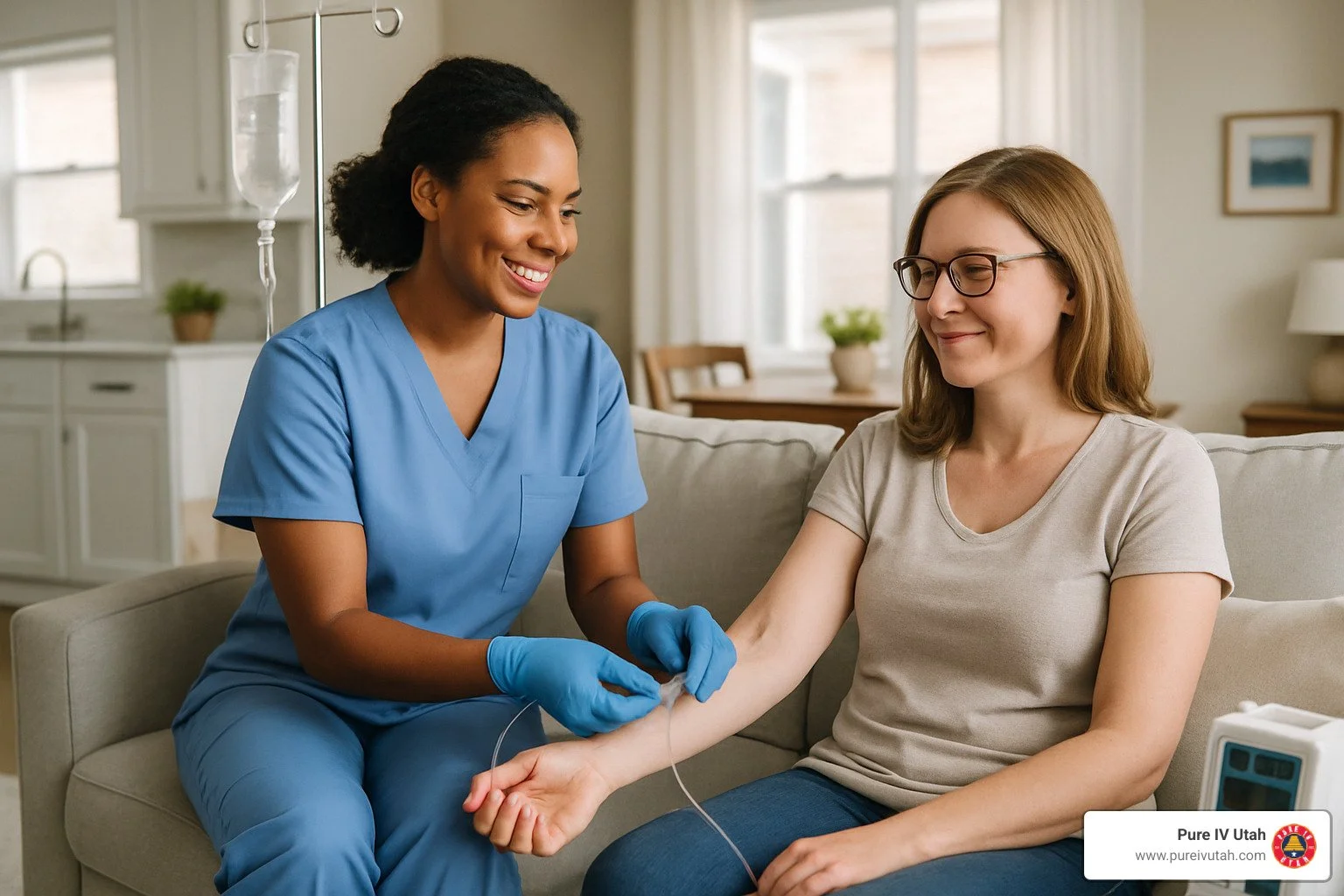 A healthcare worker in blue scrubs and gloves drawing blood from a woman's arm in a living room.