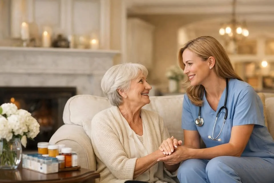 A young female nurse in scrubs and a stethoscope is holding hands and smiling at an elderly woman sitting on a sofa in a cozy living room.