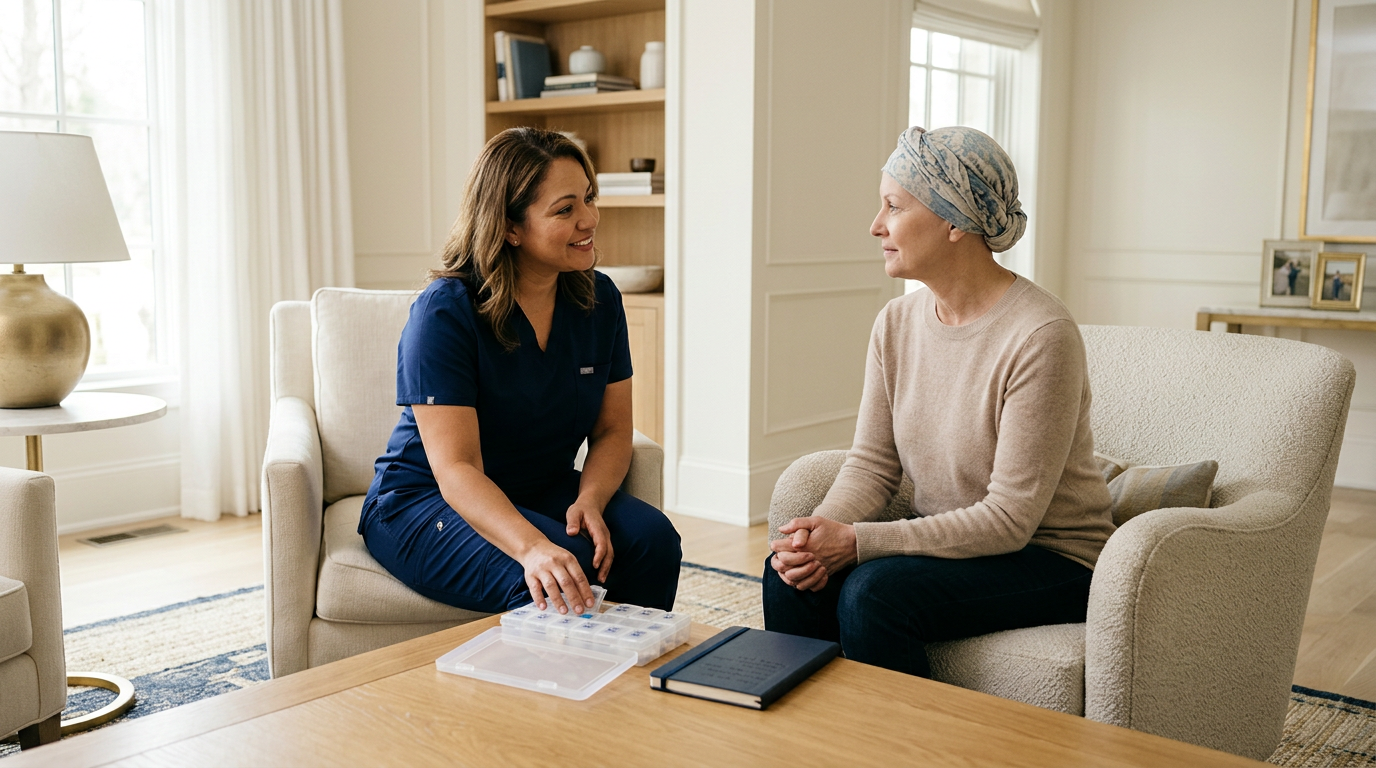 Nurse speaking with a woman seated at home