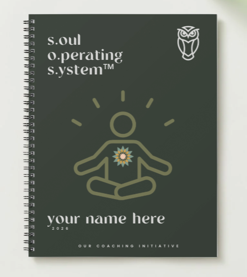 Cover of a spiral-bound coaching guide titled 's.o.u.l o.perating s.ystem™' with an illustration of a person in a meditation pose, a lotus flower within the chest, and an owl logo at the top right corner.