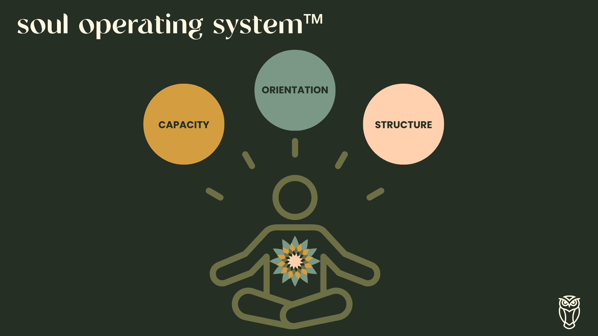 Infographic illustrating the 'Soul Operating System' with a person meditating in a lotus position, a lotus flower on their chest, and three circles labeled 'Capacity,' 'Orientation,' and 'Structure' above their head.