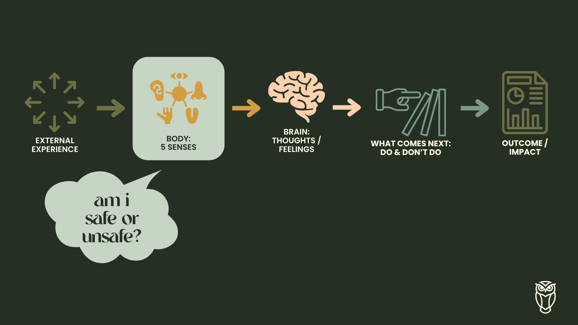 Flowchart diagram illustrating the process of evaluating the safety of an experience. It starts with external experience, then body sensation based on five senses, followed by brain thoughts and feelings. Next, it addresses what comes next, such as actions to do or not do, and concludes with the outcome or impact. There is also a speech bubble asking, 'Am I safe or unsafe?'
