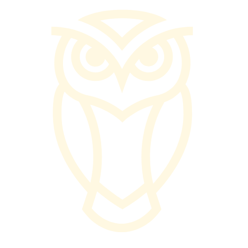A stylized owl logo with a black background and beige lines forming the owl's face and body.