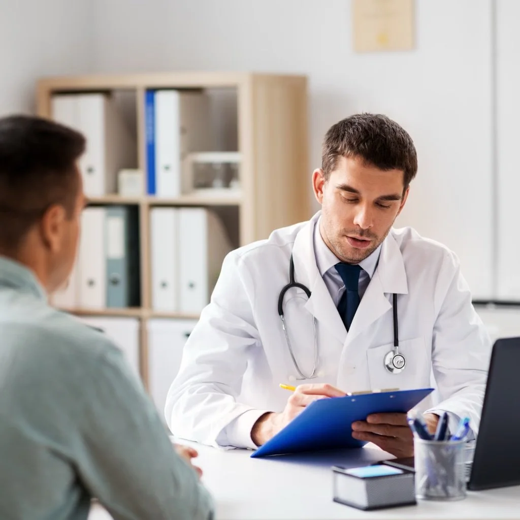 A male doctor in a white coat with a stethoscope around his neck consulting with a patient in an office or clinic setting.
