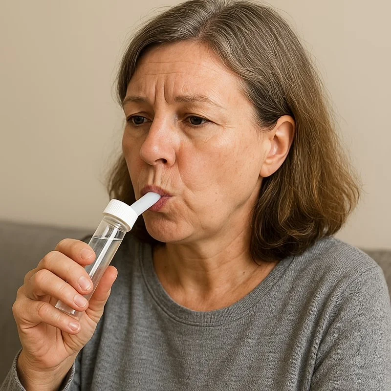 A middle-aged woman using an inhaler or nebulizer, holding it up to her mouth with one hand, and sitting on a grey couch with a beige wall in the background.