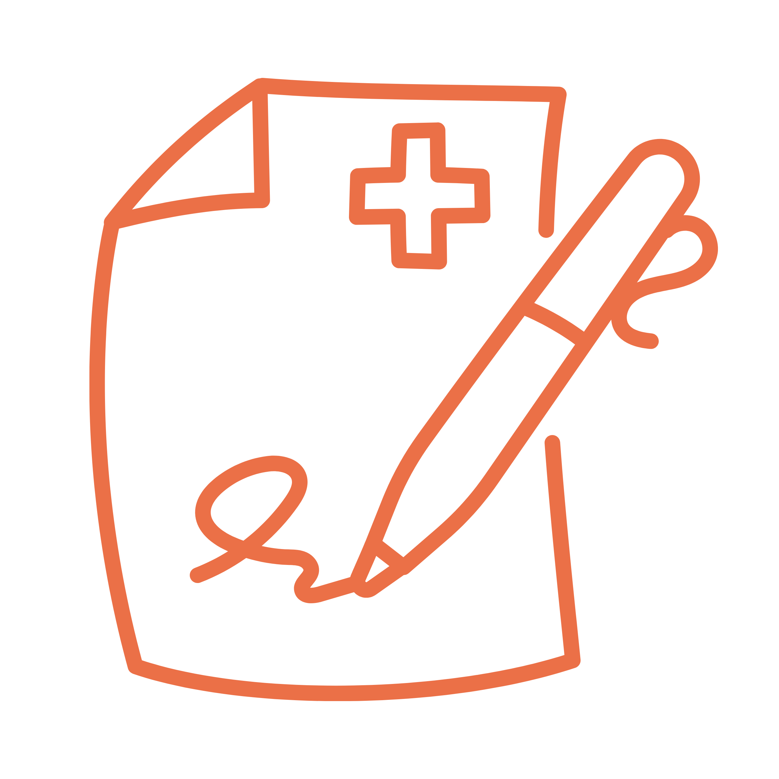 Neon outline of a medical clipboard with a cross symbol, a sheet of paper, and a pen.