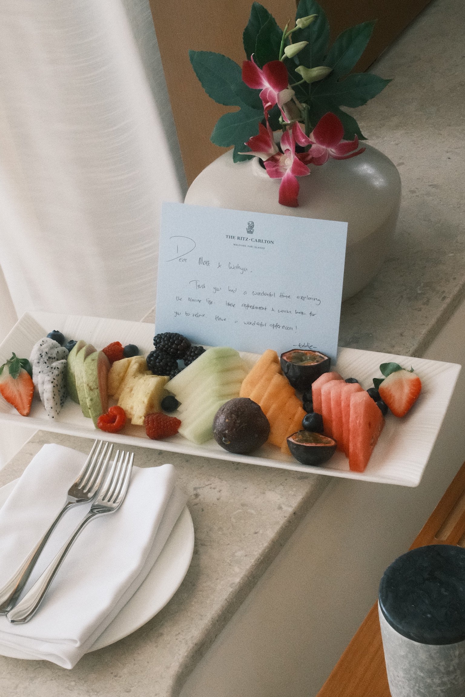 Welcome amenity at The Ritz-Carlton Maldives | Matt and Wahyu Travel
