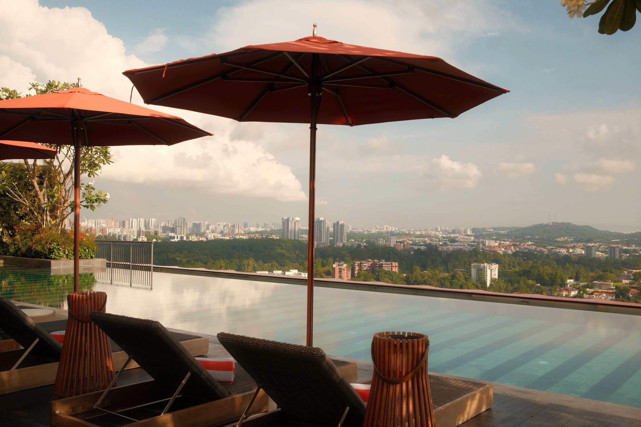 The infinity pool at Artyzen Singapore overlooking a green cityscape and distant high-rise buildings.