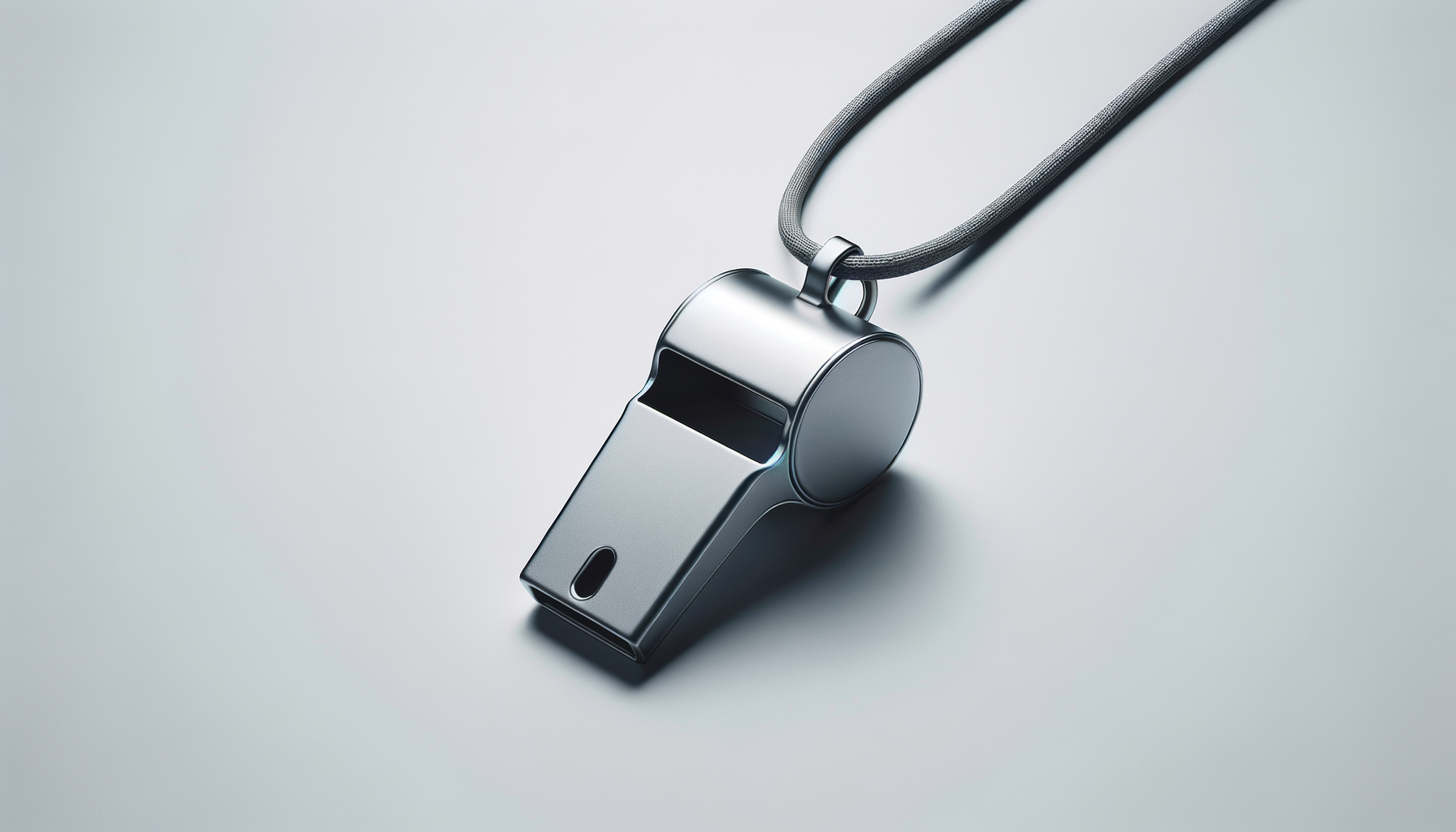 A metallic whistle attached to a grey lanyard resting on a light-colored surface.