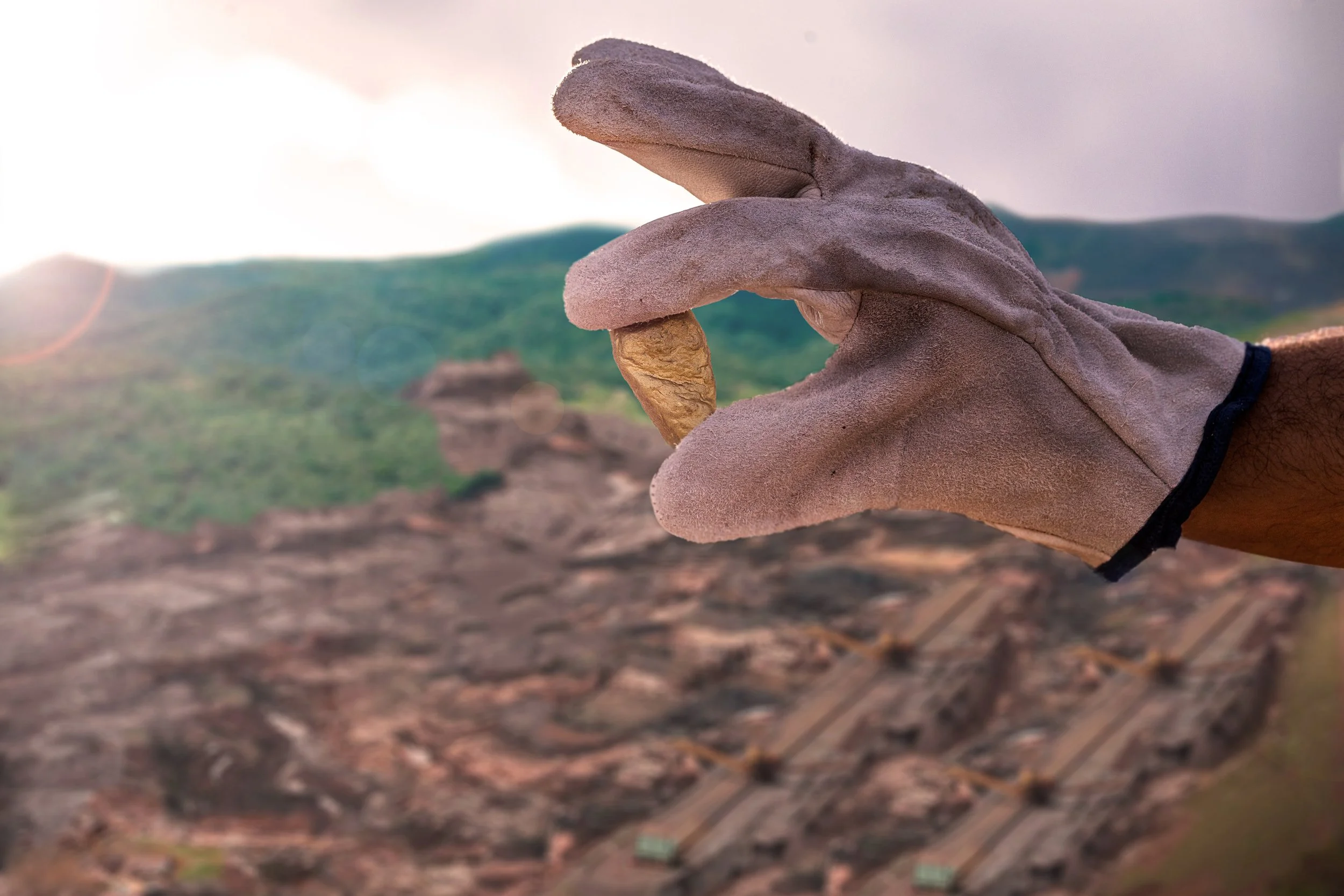 A gloved hand holding a piece of amber on a hillside landscape during sunset, with mountains in the background.