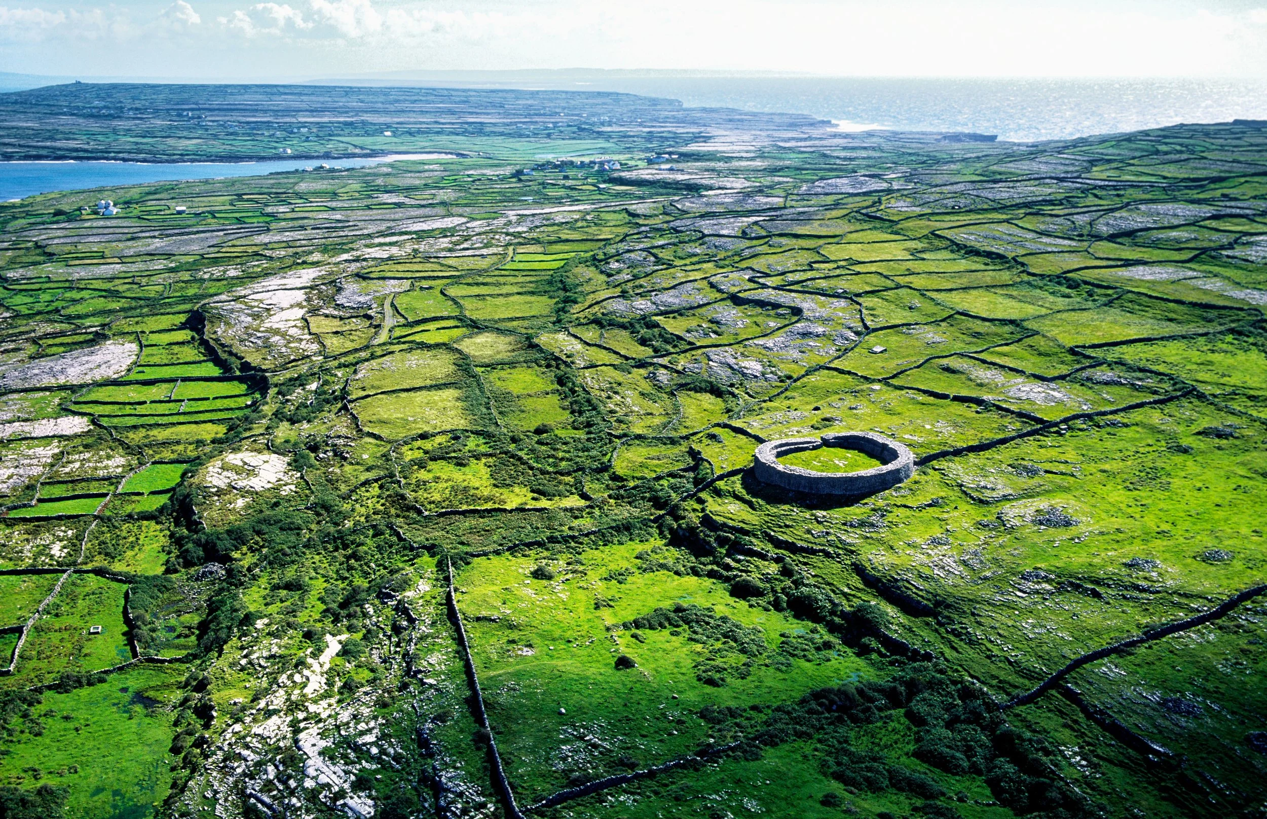 Aerial view of green farmland divided by stone walls on a coastal island, with the sea in the background.