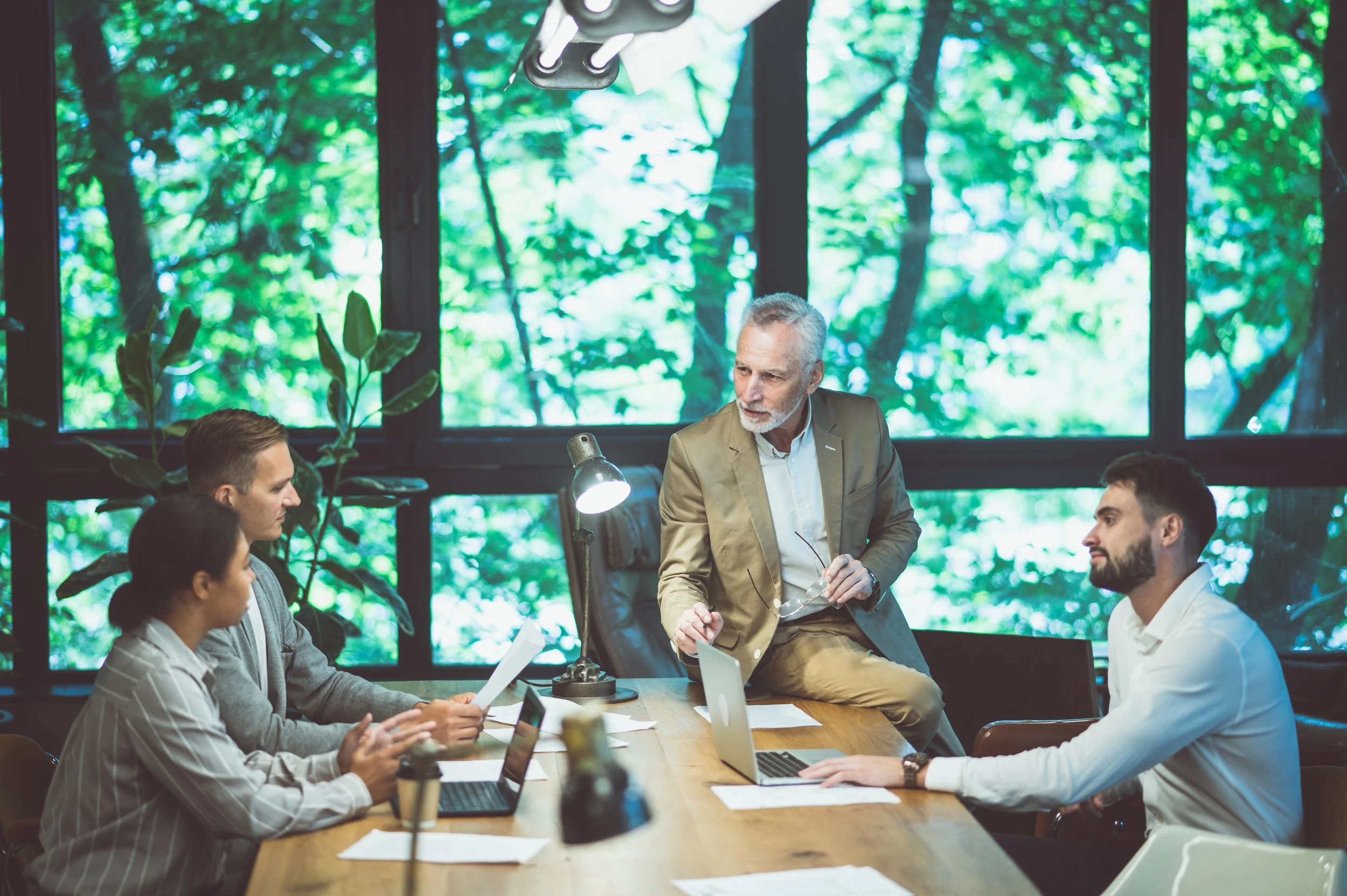 Business meeting in a modern office with large windows showing green trees, where a diverse group of professionals engages in discussion with a senior man standing and leading the conversation.