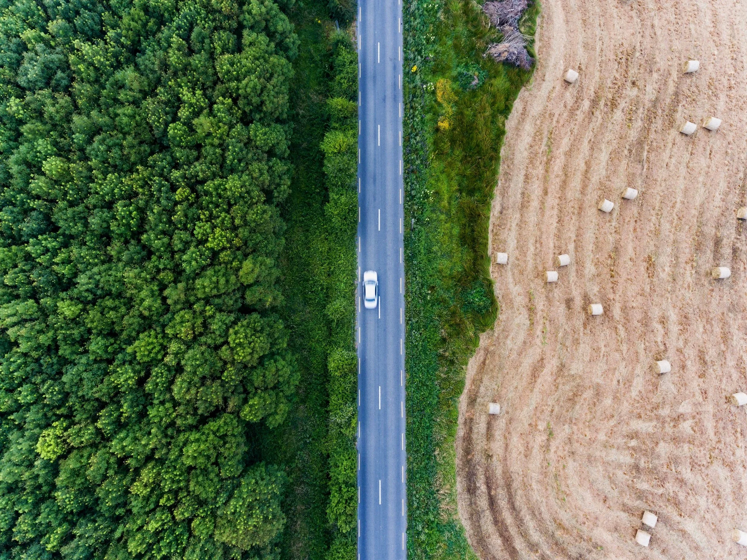 An aerial view of a rural landscape with dense green forest on the left, a paved two-lane road running through the middle, and an open field with hay bales on the right.