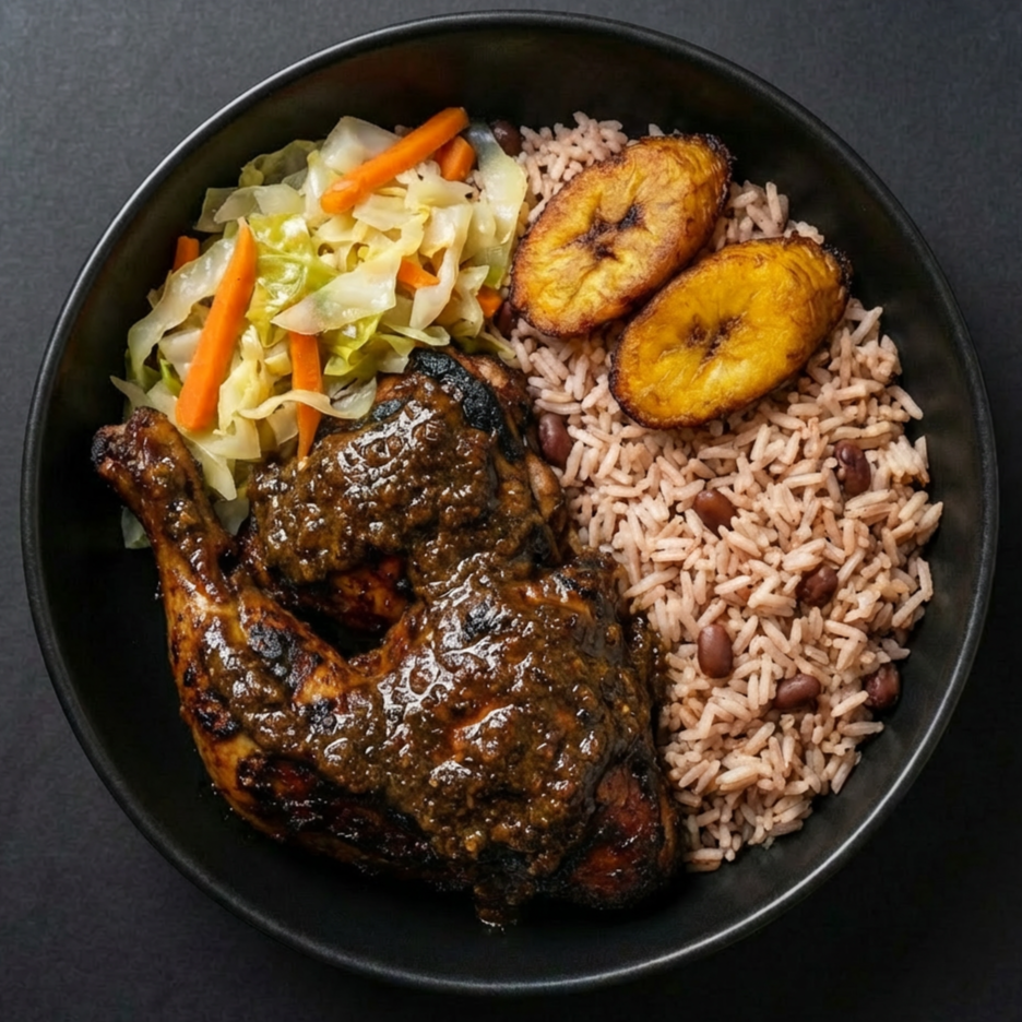 A black bowl containing a serving of rice with beans, two pieces of fried plantains, a grilled chicken thigh covered in sauce, and a side of cooked cabbage and carrots.