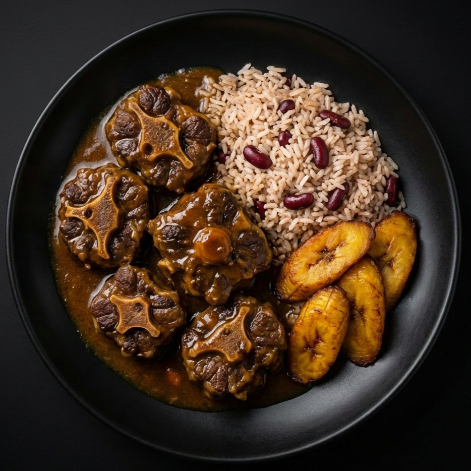 Plate with braised oxtails topped with star-shaped slices, rice and kidney beans, and grilled plantains.