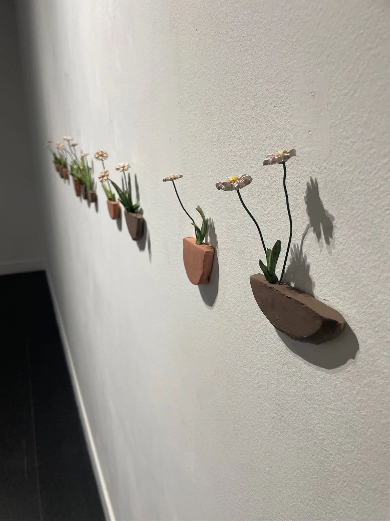 A wall decorated with small flower planters made of clay, arranged in a row, with shadow effects cast on the wall.