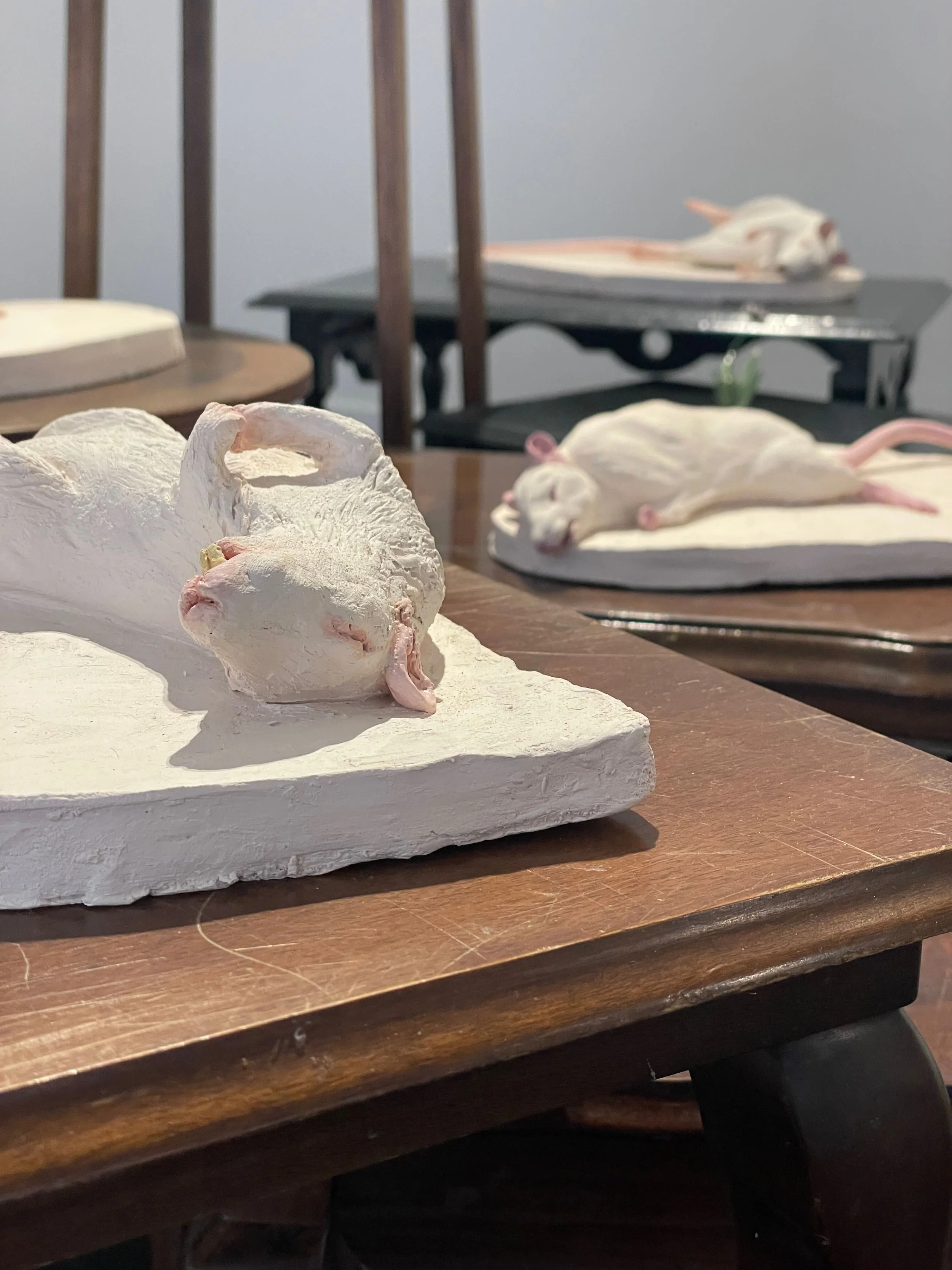 Several white sculpted rat figures lying on white platforms, placed on a wooden table.