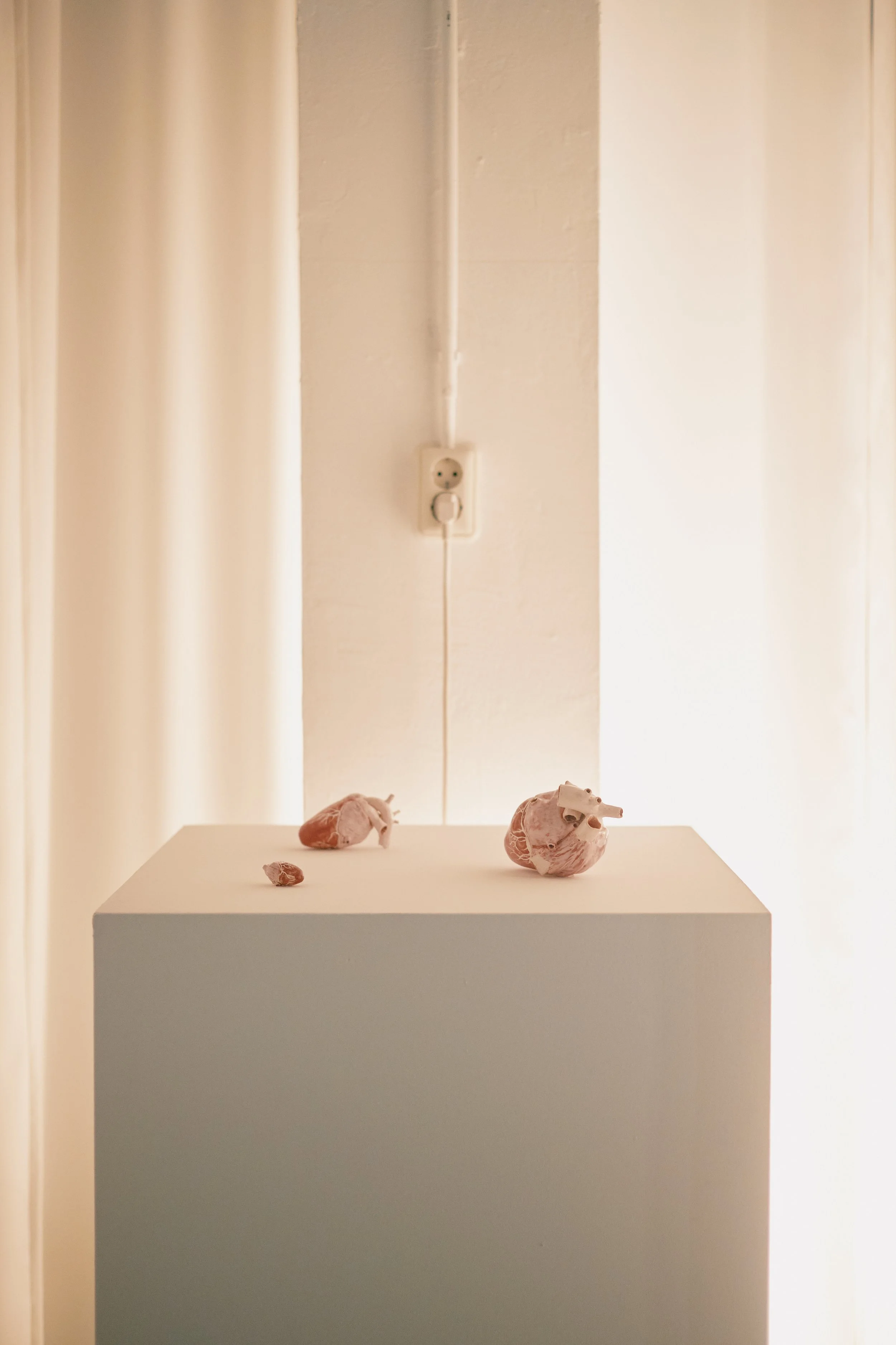 Three small, sculpted, pinkish human hearts placed on a white pedestal near a wall with a power outlet.