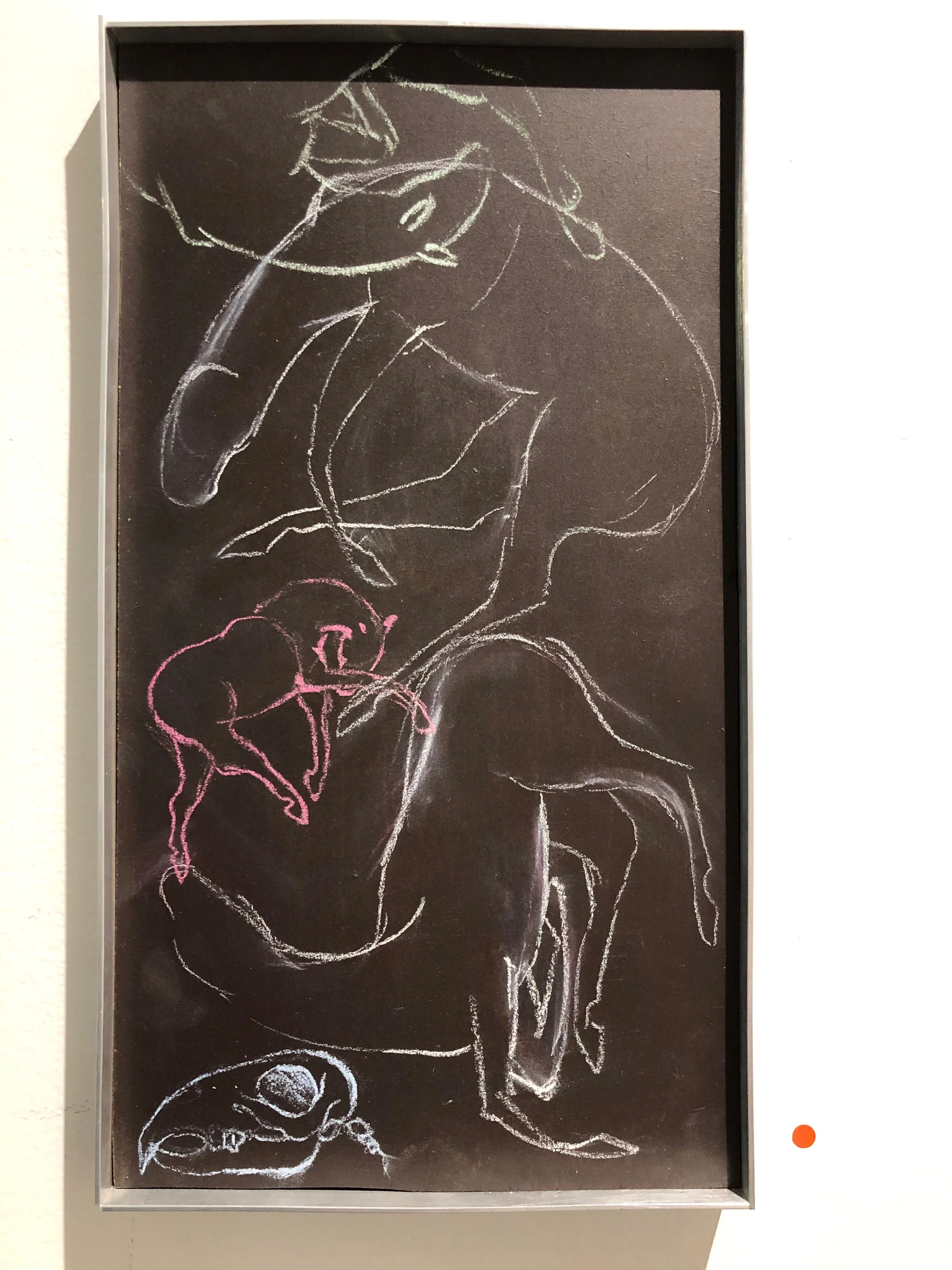Chalk drawing of a horse, horse's head, and a dog, with a pink outline of a smaller dog, on a black background.