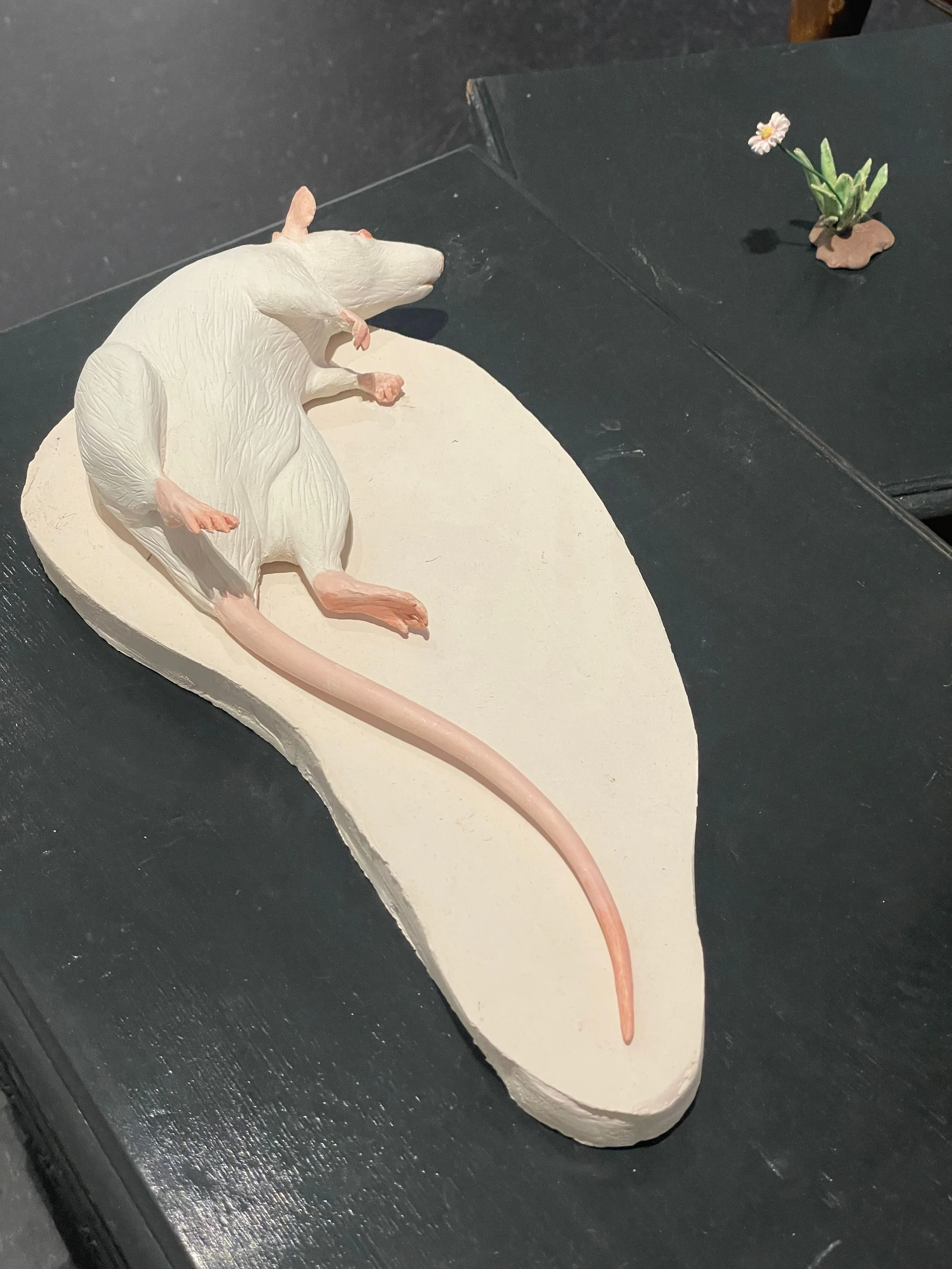 A sculpture of a white rat with pink ears, paws, and tail, resting on a white oval platform. In the background, a small potted plant with green leaves and white flowers is visible.
