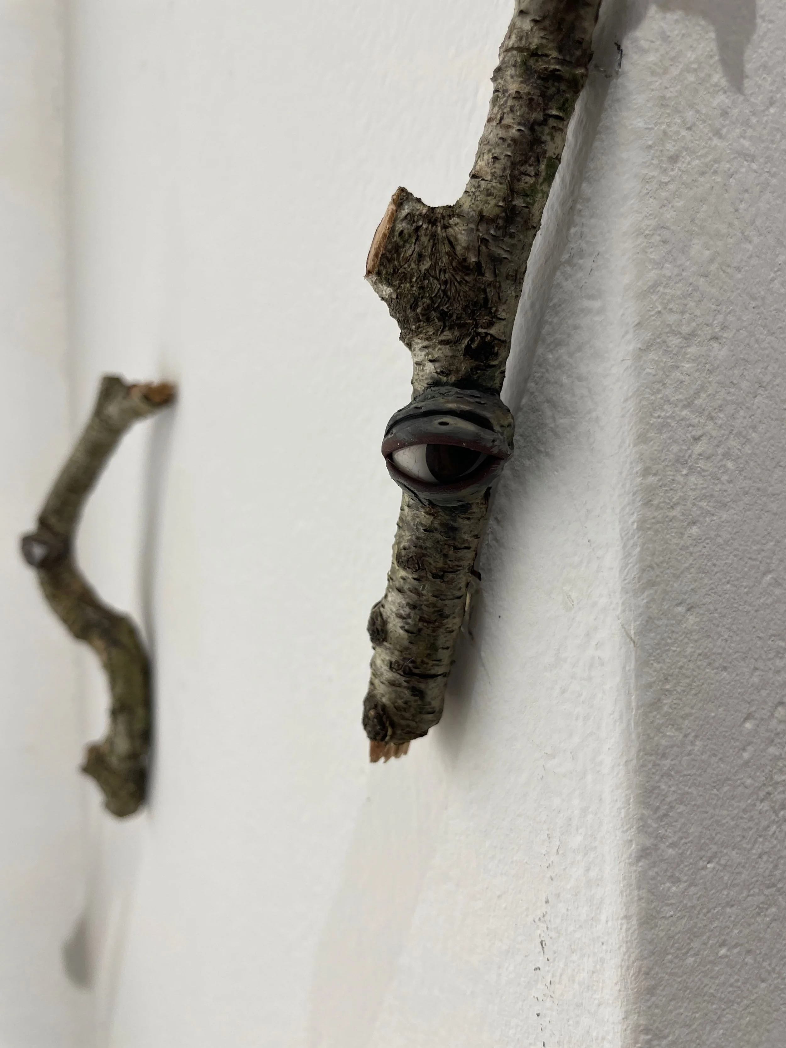 A carved tree branch sculpture with an eye, mounted on a white wall.