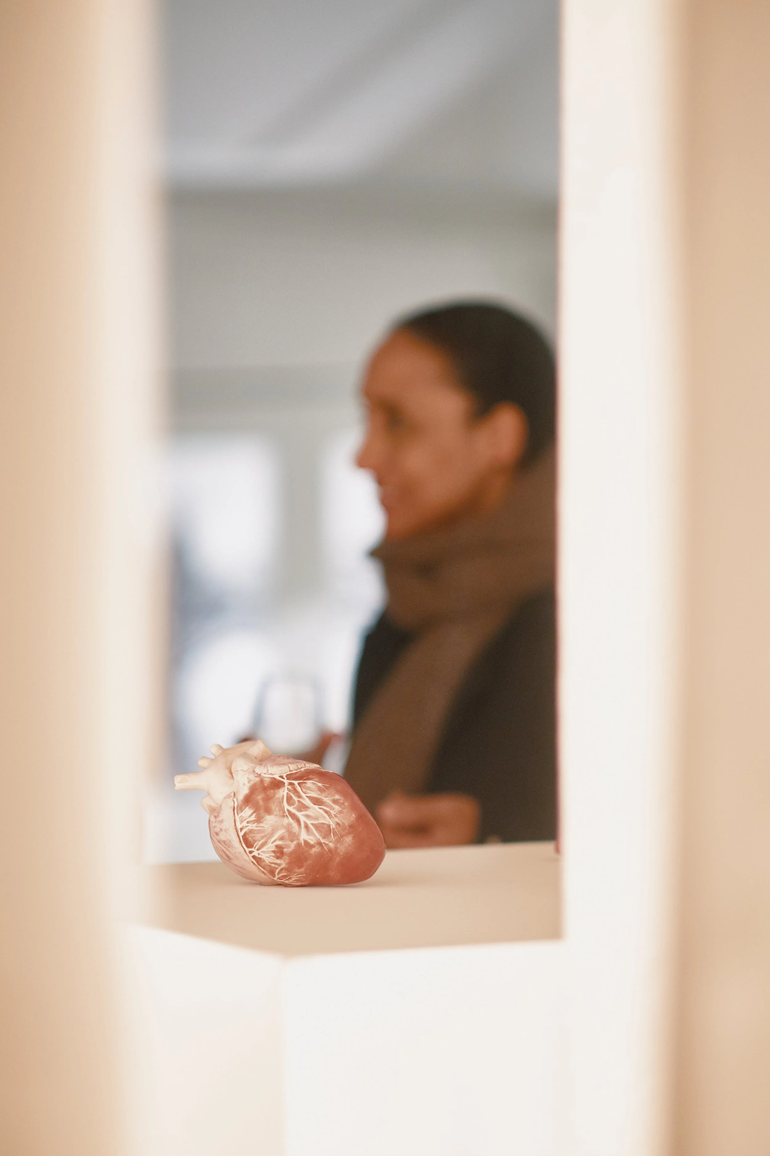 A human heart model on a white surface, seen through a cutout, with a woman holding a glass of wine in the background.