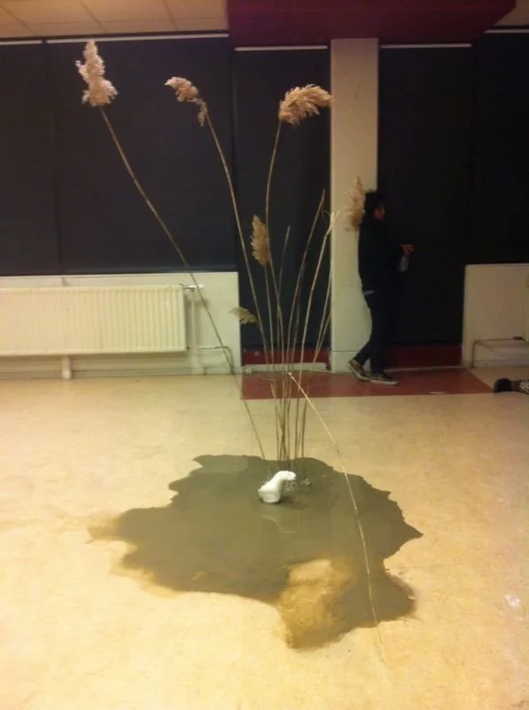 An indoor scene with a puddle on the floor, six tall dried plants inside the puddle, and a person in dark clothing standing near a wall in the background, holding a drink.