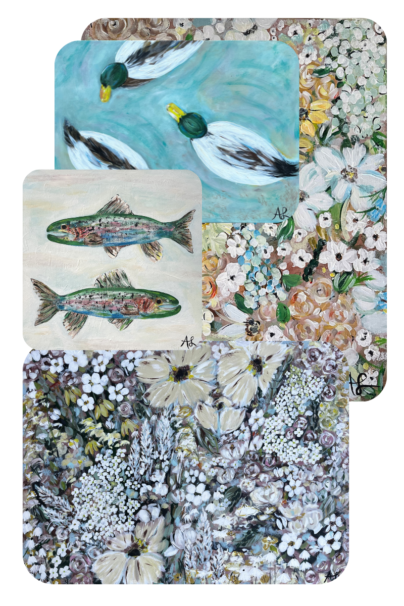 Four art pieces: two paintings of ducks swimming in water, two paintings of various white flowers and foliage.