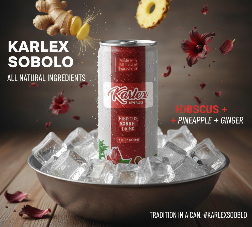 A can of Karlex Hibiscus Sorrel Drink surrounded by ice in a bowl with floating ginger, pineapple, hibiscus, and sorrel flowers and slices. Text indicating ingredients and branding.